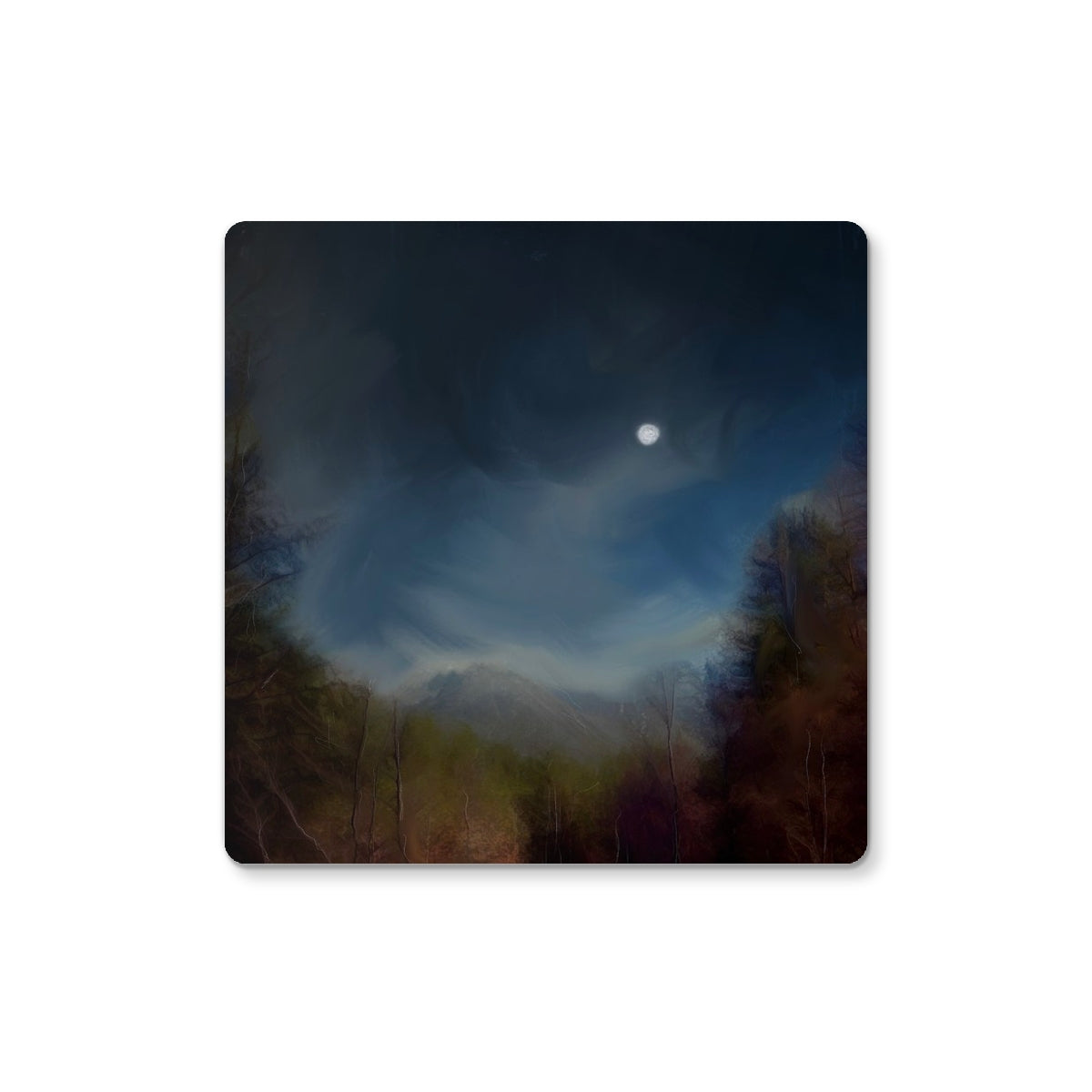 Glencoe Lochan Moonlight Art Gifts Coaster-Coasters-Scottish Lochs & Mountains Art Gallery-Single Coaster-Paintings, Prints, Homeware, Art Gifts From Scotland By Scottish Artist Kevin Hunter