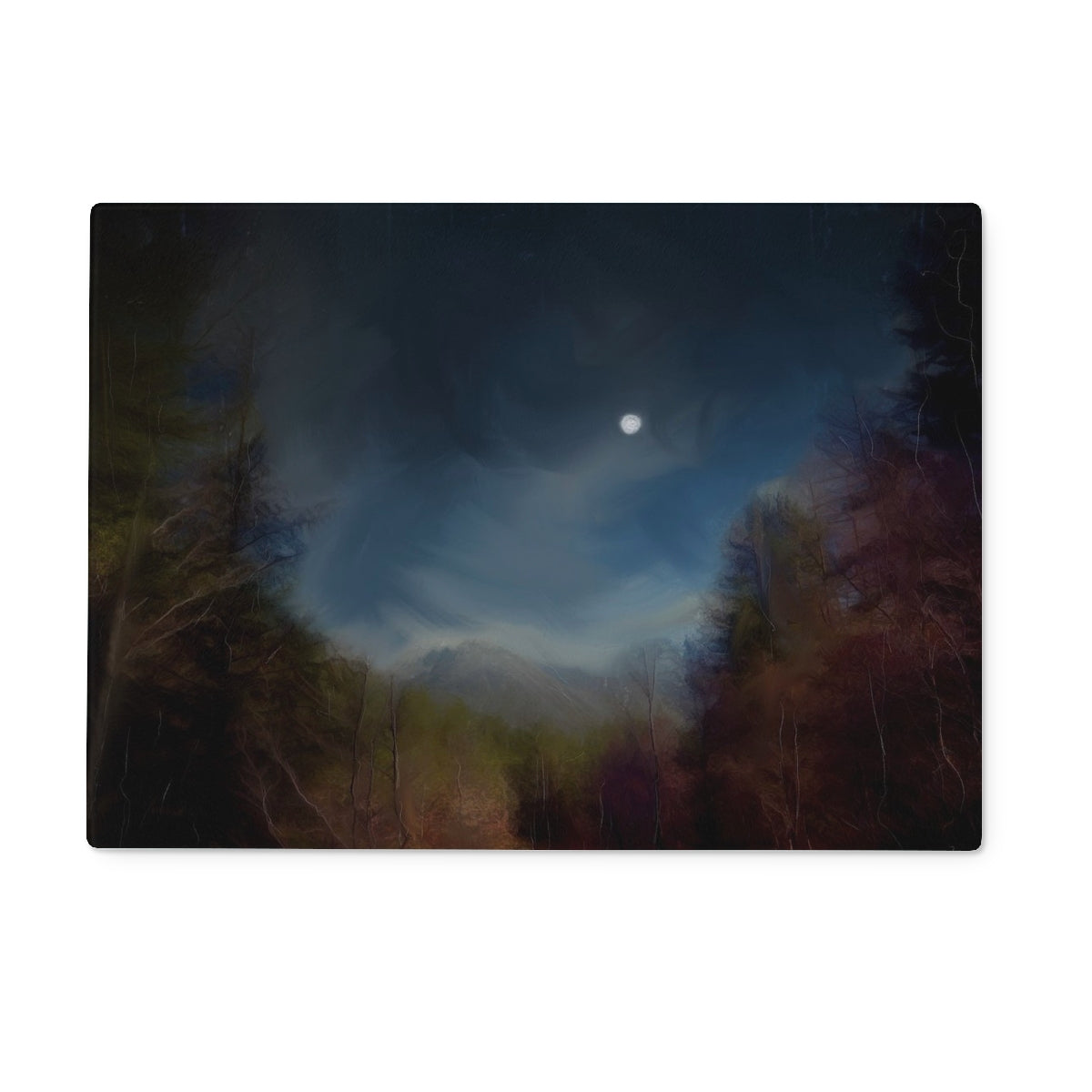 Glencoe Lochan Moonlight Art Gifts Glass Chopping Board-Glass Chopping Boards-Scottish Lochs & Mountains Art Gallery-15"x11" Rectangular-Paintings, Prints, Homeware, Art Gifts From Scotland By Scottish Artist Kevin Hunter