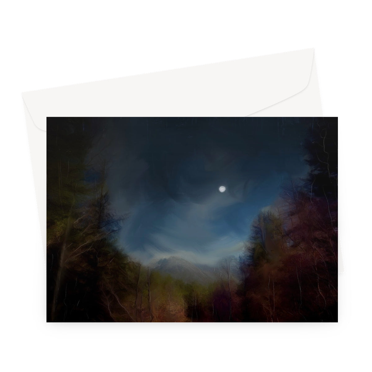 Glencoe Lochan Moonlight Art Gifts Greeting Card-Greetings Cards-Scottish Lochs & Mountains Art Gallery-A5 Landscape-10 Cards-Paintings, Prints, Homeware, Art Gifts From Scotland By Scottish Artist Kevin Hunter