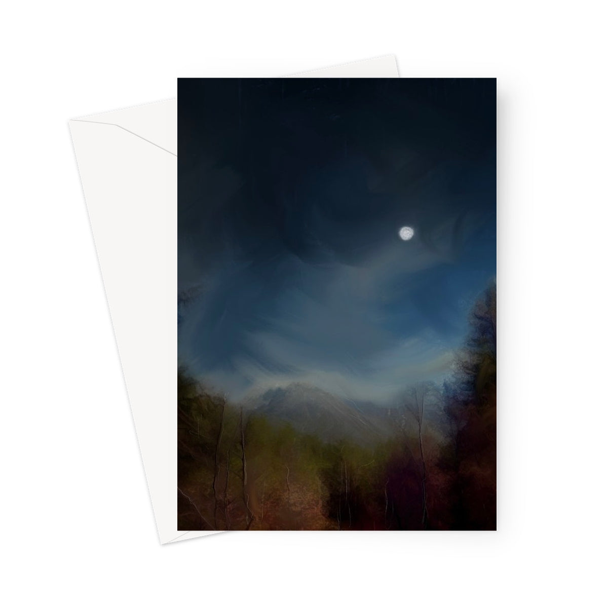 Glencoe Lochan Moonlight Art Gifts Greeting Card-Greetings Cards-Scottish Lochs & Mountains Art Gallery-5"x7"-1 Card-Paintings, Prints, Homeware, Art Gifts From Scotland By Scottish Artist Kevin Hunter