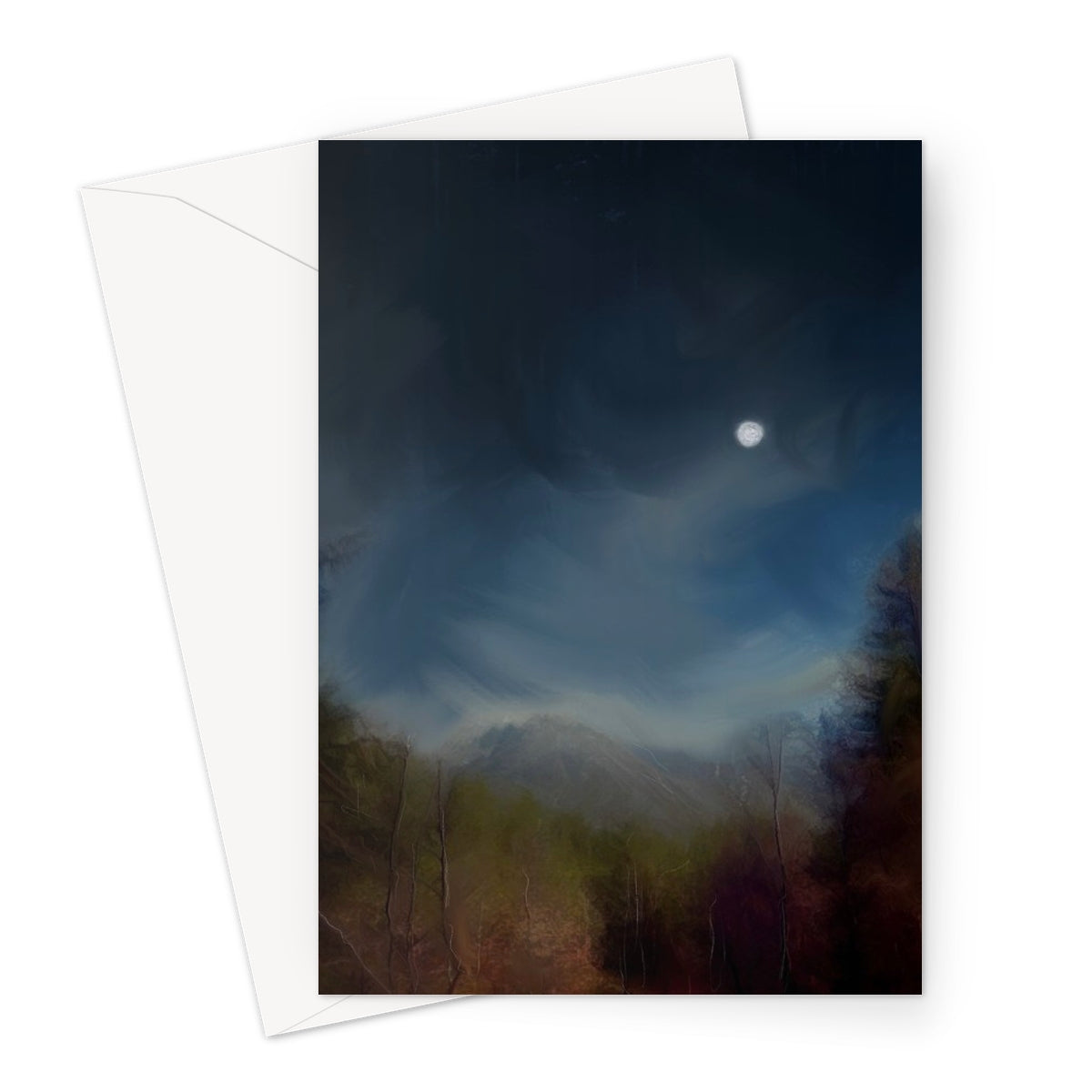 Glencoe Lochan Moonlight Art Gifts Greeting Card-Greetings Cards-Glencoe Art Gallery-A5 Portrait-1 Card-Paintings, Prints, Homeware, Art Gifts From Scotland By Scottish Artist Kevin Hunter