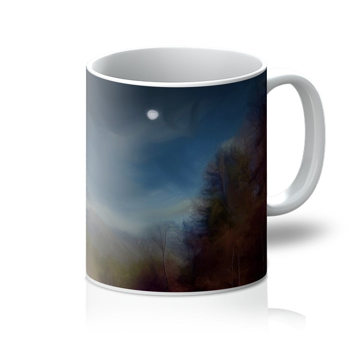 Glencoe Lochan Moonlight Art Gifts Mug-Mugs-Scottish Lochs & Mountains Art Gallery-11oz-White-Paintings, Prints, Homeware, Art Gifts From Scotland By Scottish Artist Kevin Hunter