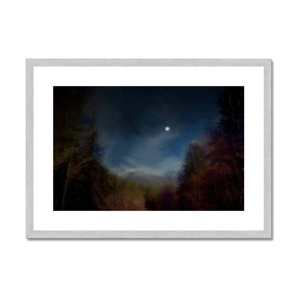 Glencoe Lochan Moonlight Painting | Antique Framed & Mounted Prints From Scotland-Antique Framed & Mounted Prints-Scottish Lochs & Mountains Art Gallery-A2 Landscape-Silver Frame-Paintings, Prints, Homeware, Art Gifts From Scotland By Scottish Artist Kevin Hunter