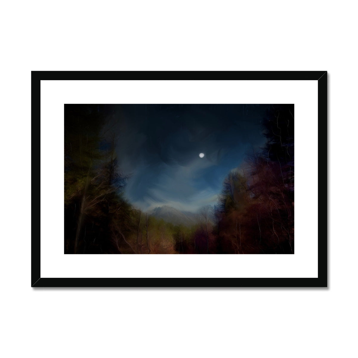 Glencoe Lochan Moonlight Painting | Framed & Mounted Prints From Scotland-Framed & Mounted Prints-Scottish Lochs & Mountains Art Gallery-A2 Landscape-Black Frame-Paintings, Prints, Homeware, Art Gifts From Scotland By Scottish Artist Kevin Hunter