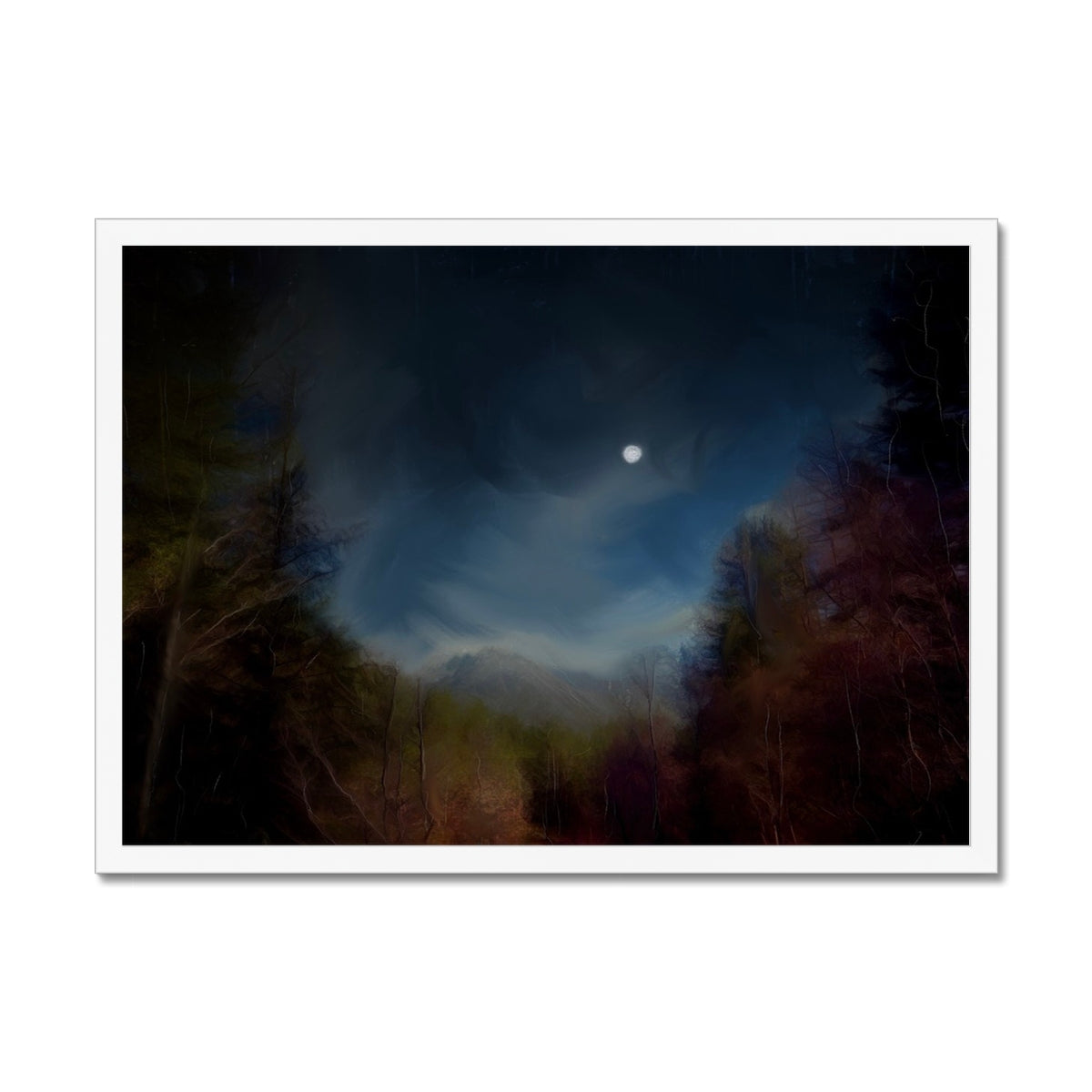 Glencoe Lochan Moonlight Painting | Framed Prints From Scotland-Framed Prints-Scottish Lochs & Mountains Art Gallery-A2 Landscape-White Frame-Paintings, Prints, Homeware, Art Gifts From Scotland By Scottish Artist Kevin Hunter