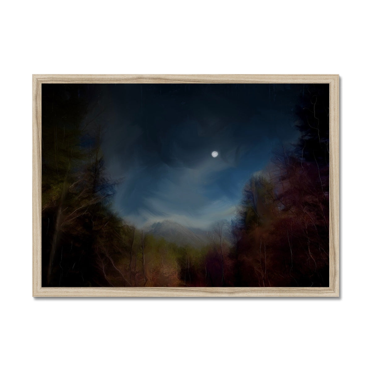 Glencoe Lochan Moonlight Painting | Framed Prints From Scotland-Framed Prints-Scottish Lochs & Mountains Art Gallery-A2 Landscape-Natural Frame-Paintings, Prints, Homeware, Art Gifts From Scotland By Scottish Artist Kevin Hunter