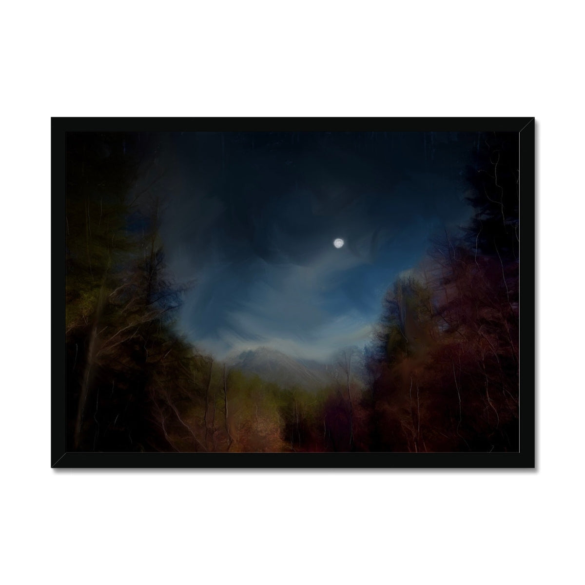 Glencoe Lochan Moonlight Painting | Framed Prints From Scotland-Framed Prints-Scottish Lochs & Mountains Art Gallery-A2 Landscape-Black Frame-Paintings, Prints, Homeware, Art Gifts From Scotland By Scottish Artist Kevin Hunter