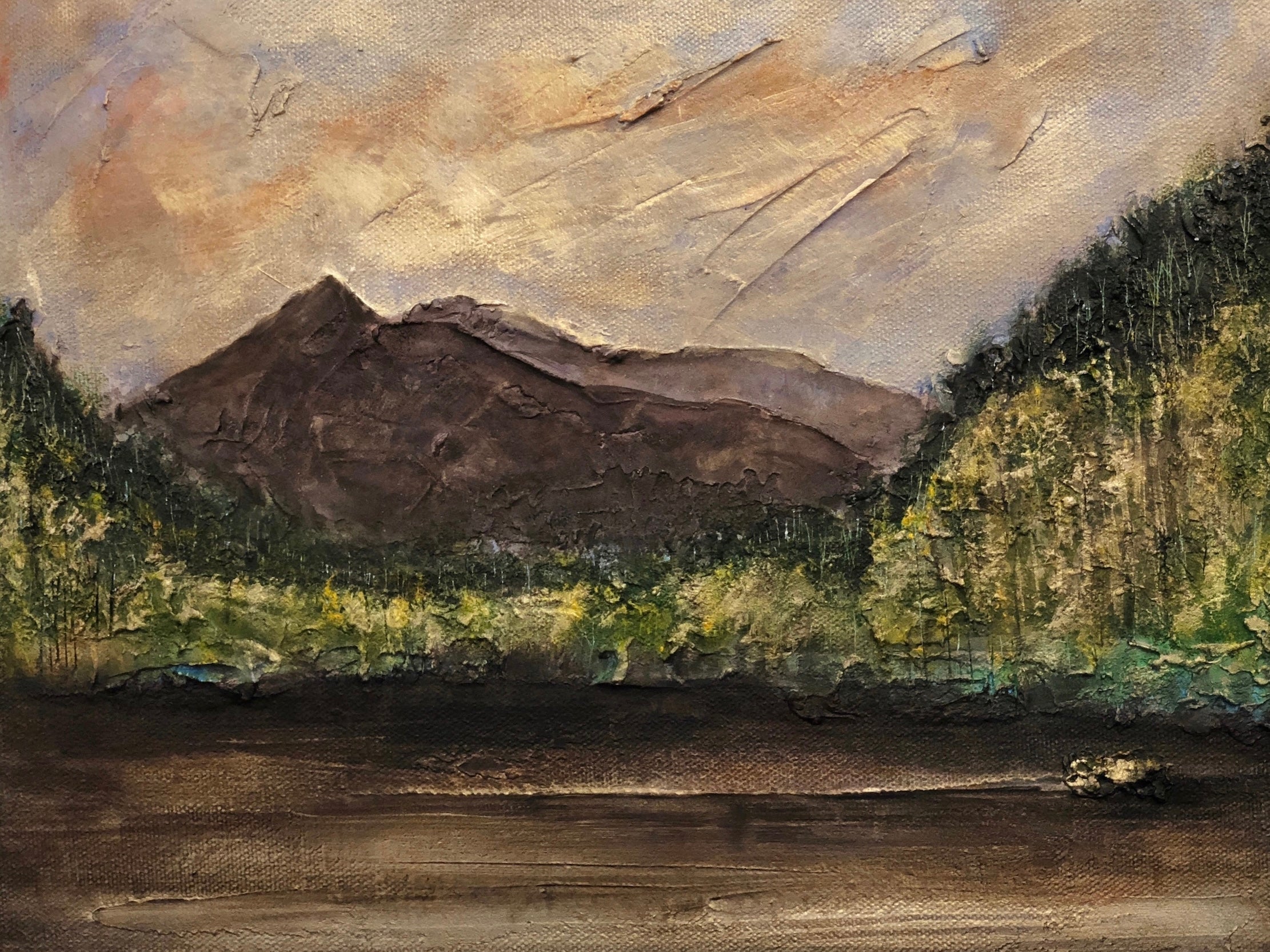 Textured oil painting of Glencoe Lochan with mountains lake and forested shores under cloudy sky