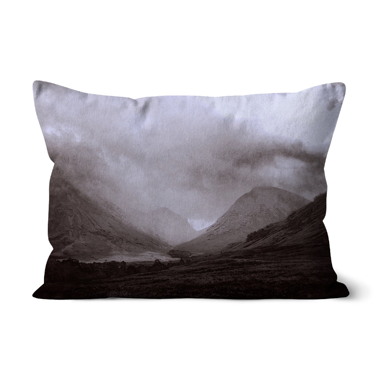 Glencoe Mist Art Gifts Cushion-Cushions-Glencoe Art Gallery-Faux Suede-19"x13"-Paintings, Prints, Homeware, Art Gifts From Scotland By Scottish Artist Kevin Hunter