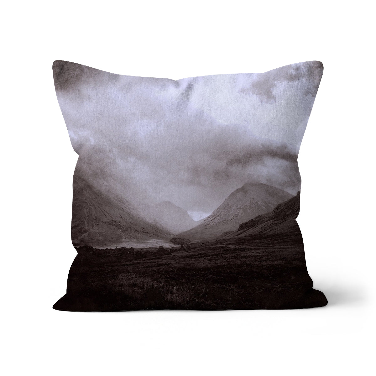Glencoe Mist Art Gifts Cushion-Cushions-Glencoe Art Gallery-Faux Suede-22"x22"-Paintings, Prints, Homeware, Art Gifts From Scotland By Scottish Artist Kevin Hunter