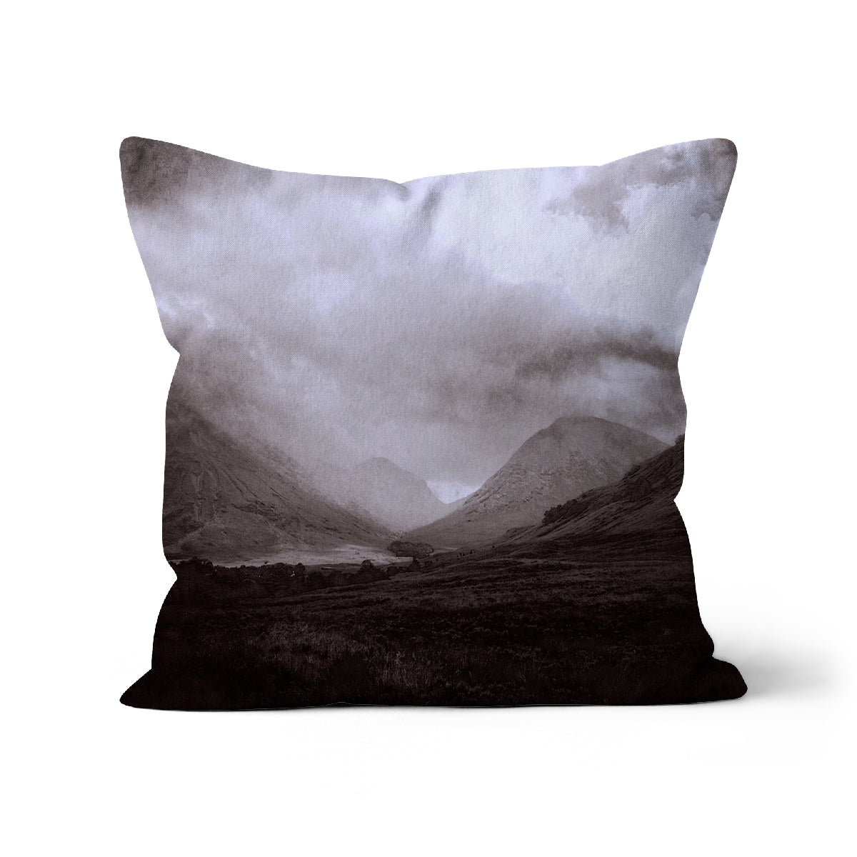 Glencoe Mist Art Gifts Cushion-Cushions-Glencoe Art Gallery-Faux Suede-24"x24"-Paintings, Prints, Homeware, Art Gifts From Scotland By Scottish Artist Kevin Hunter