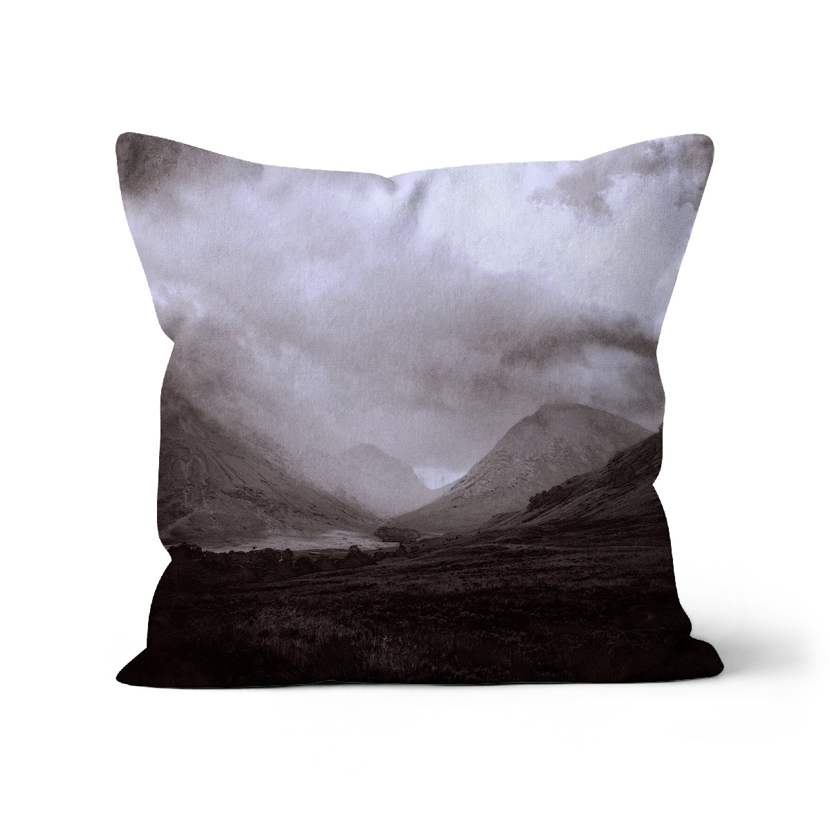 Glencoe Mist Art Gifts Cushion-Cushions-Glencoe Art Gallery-Faux Suede-12"x12"-Paintings, Prints, Homeware, Art Gifts From Scotland By Scottish Artist Kevin Hunter