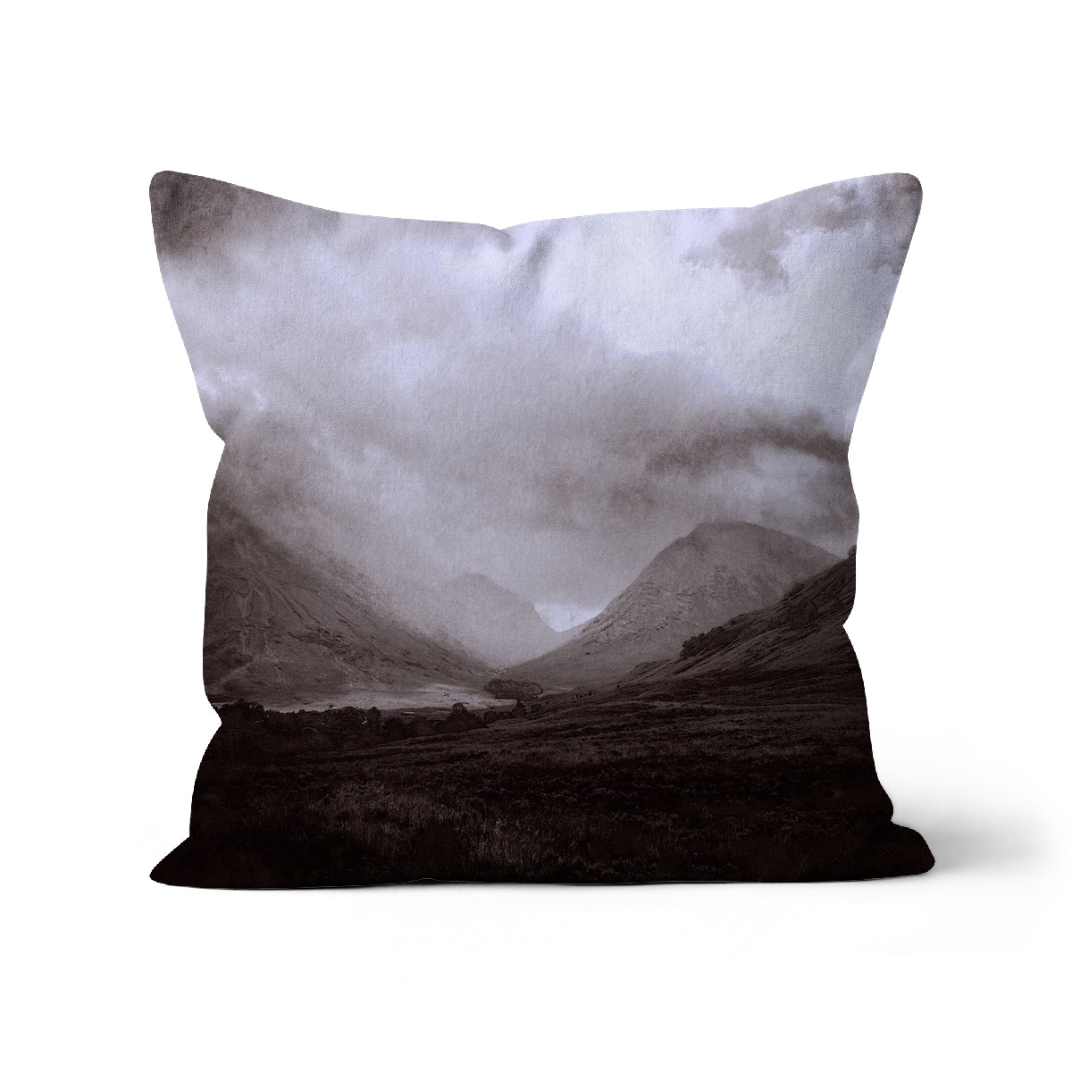 Glencoe Mist Art Gifts Cushion-Cushions-Glencoe Art Gallery-Faux Suede-16"x16"-Paintings, Prints, Homeware, Art Gifts From Scotland By Scottish Artist Kevin Hunter