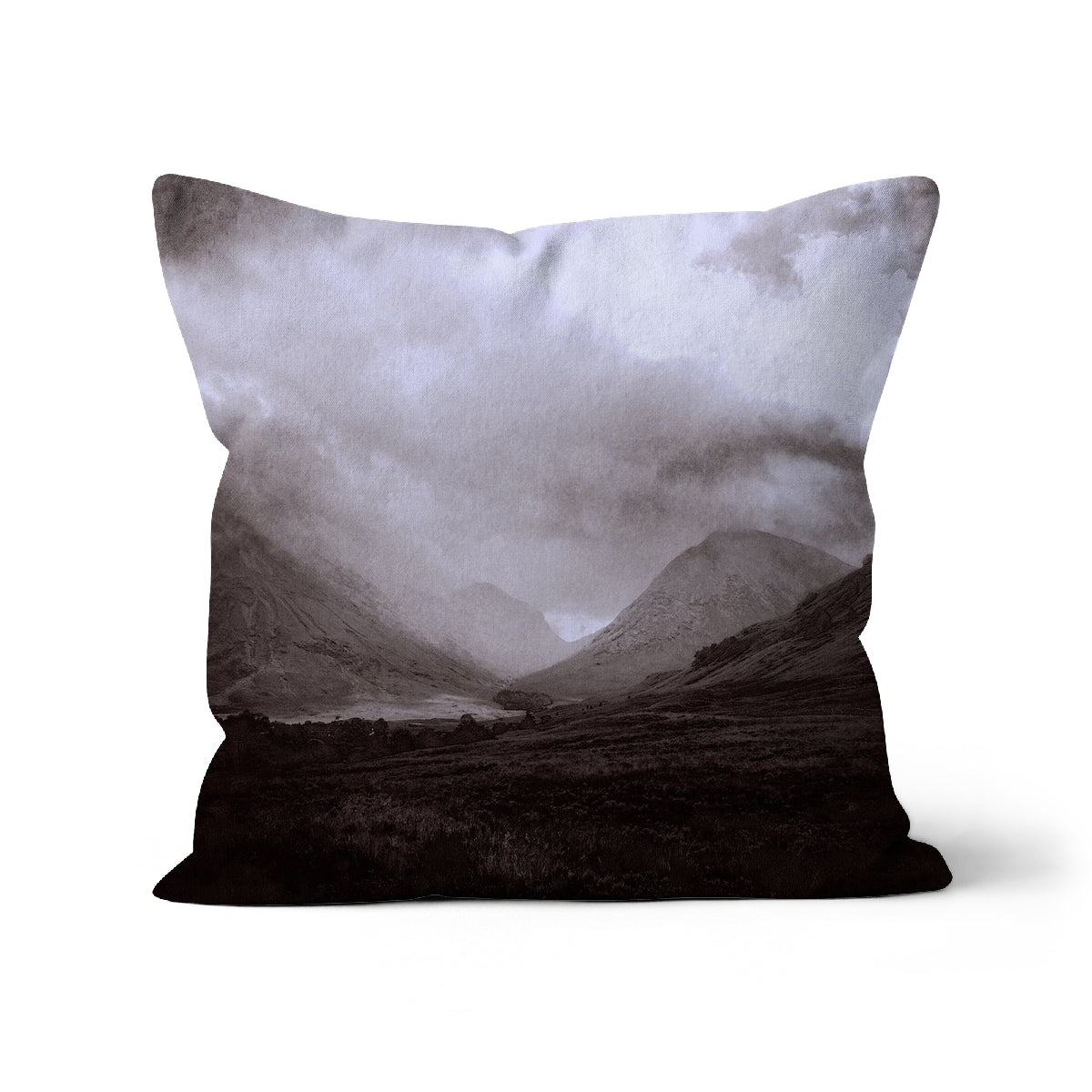 Glencoe Mist Art Gifts Cushion-Cushions-Glencoe Art Gallery-Faux Suede-18"x18"-Paintings, Prints, Homeware, Art Gifts From Scotland By Scottish Artist Kevin Hunter
