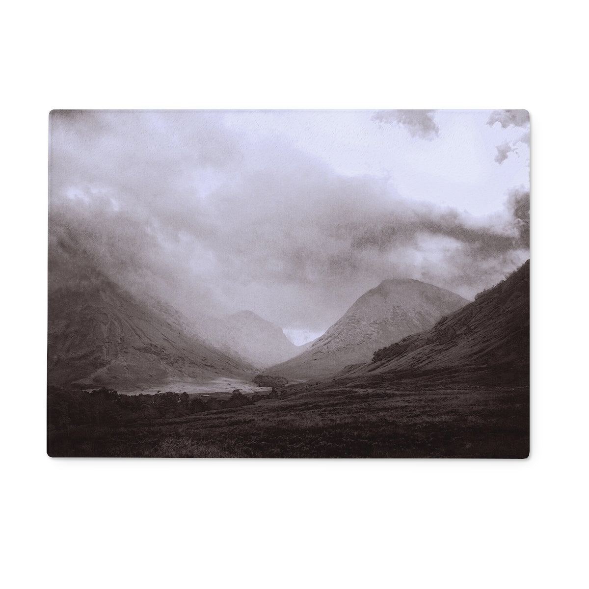Glencoe Mist Art Gifts Glass Chopping Board-Glass Chopping Boards-Glencoe Art Gallery-15"x11" Rectangular-Paintings, Prints, Homeware, Art Gifts From Scotland By Scottish Artist Kevin Hunter