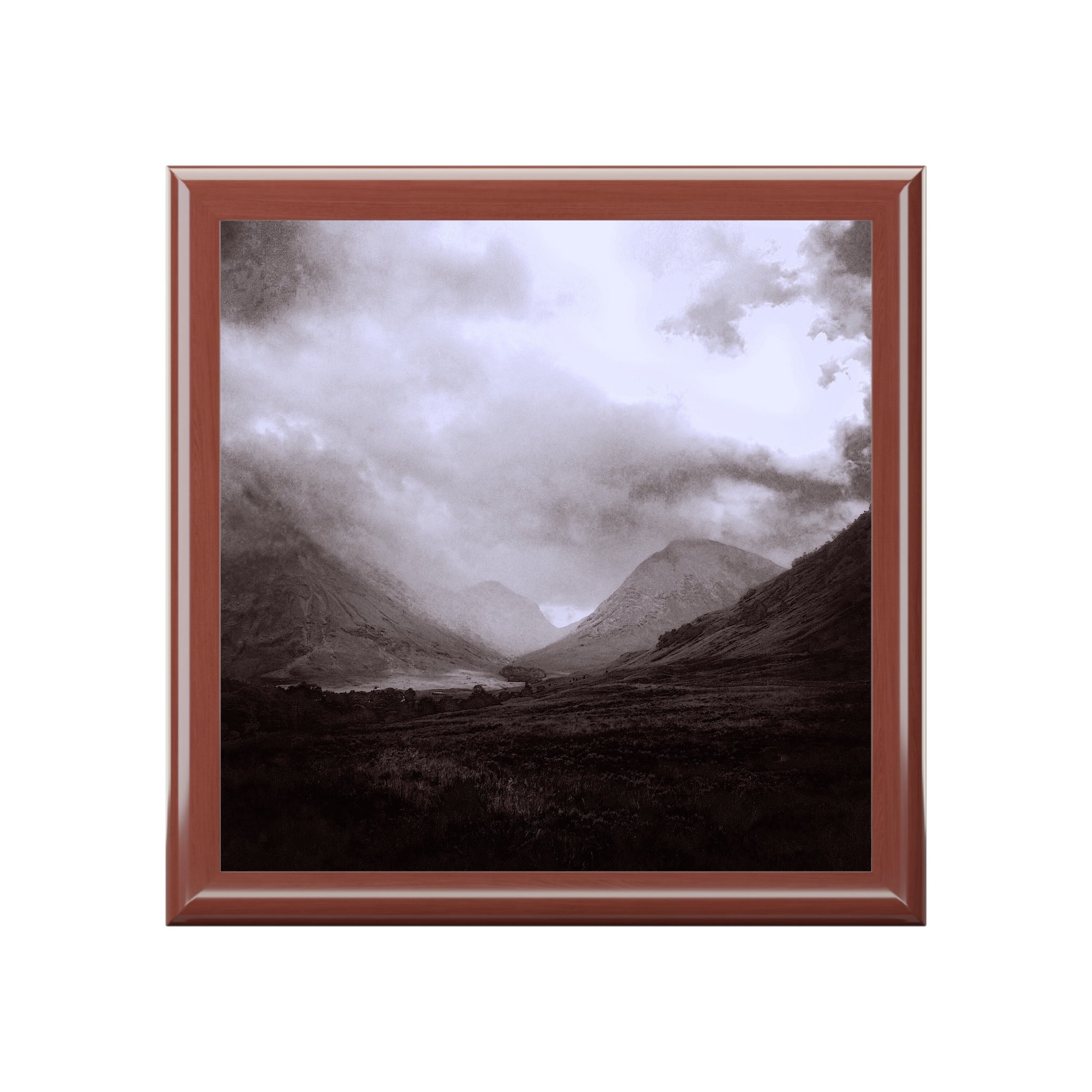 Framed landscape painting of a foggy mountainous valley in Glencoe Mist Jewellery Box Scotland