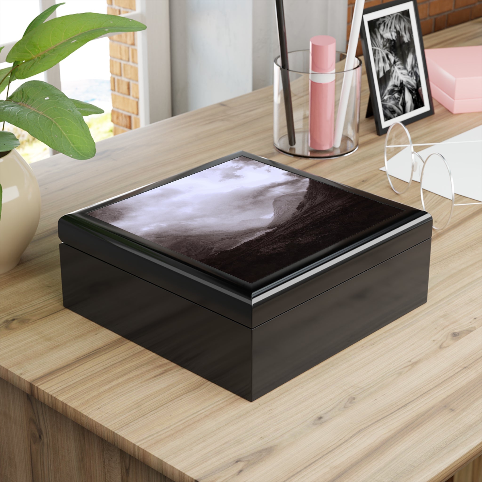 Glossy black wooden keepsake box with monochromatic abstract design on lid for Glencoe Mist Jewelry Box Scotland