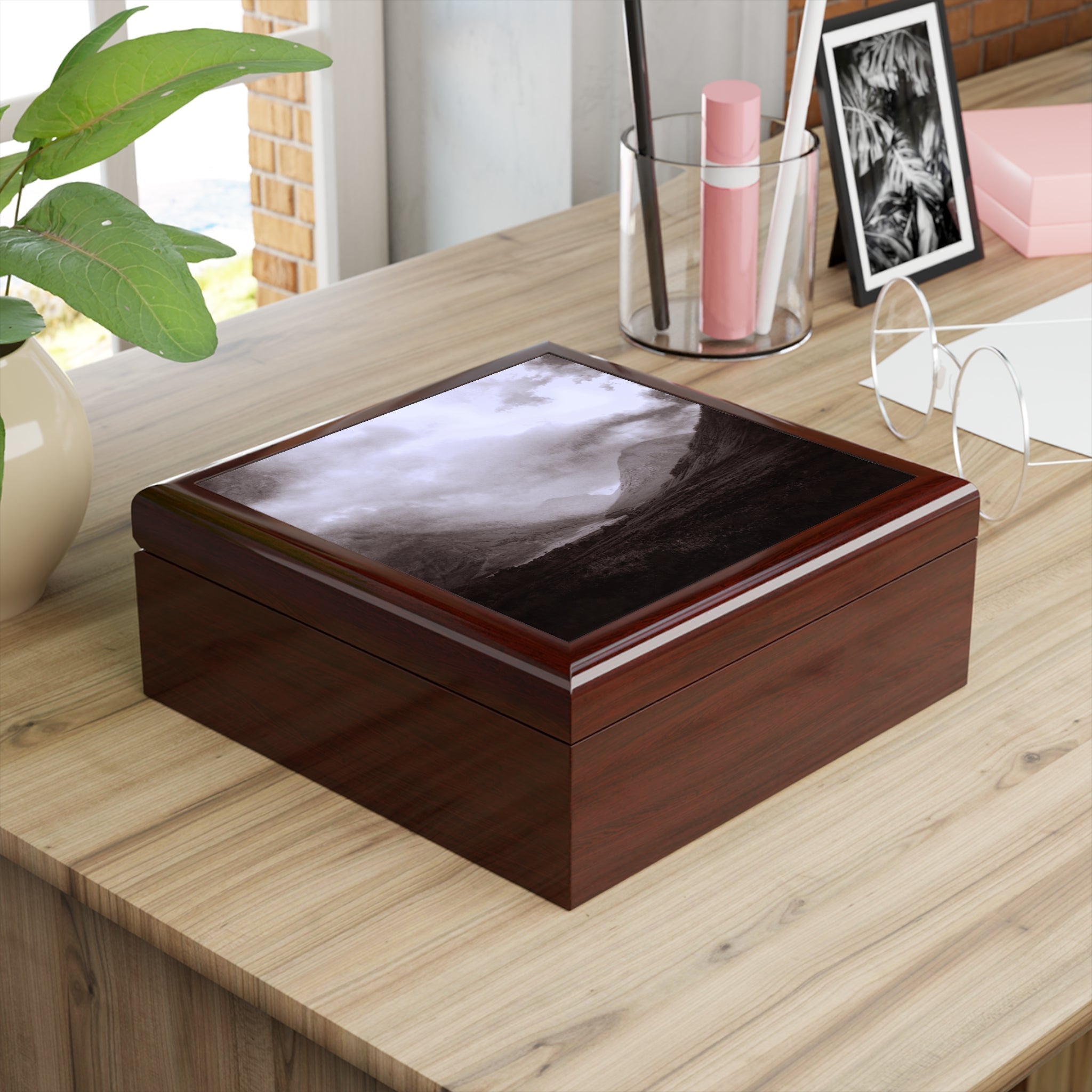 Glossy dark brown wooden keepsake box with abstract black and white lid design from Glencoe Mist