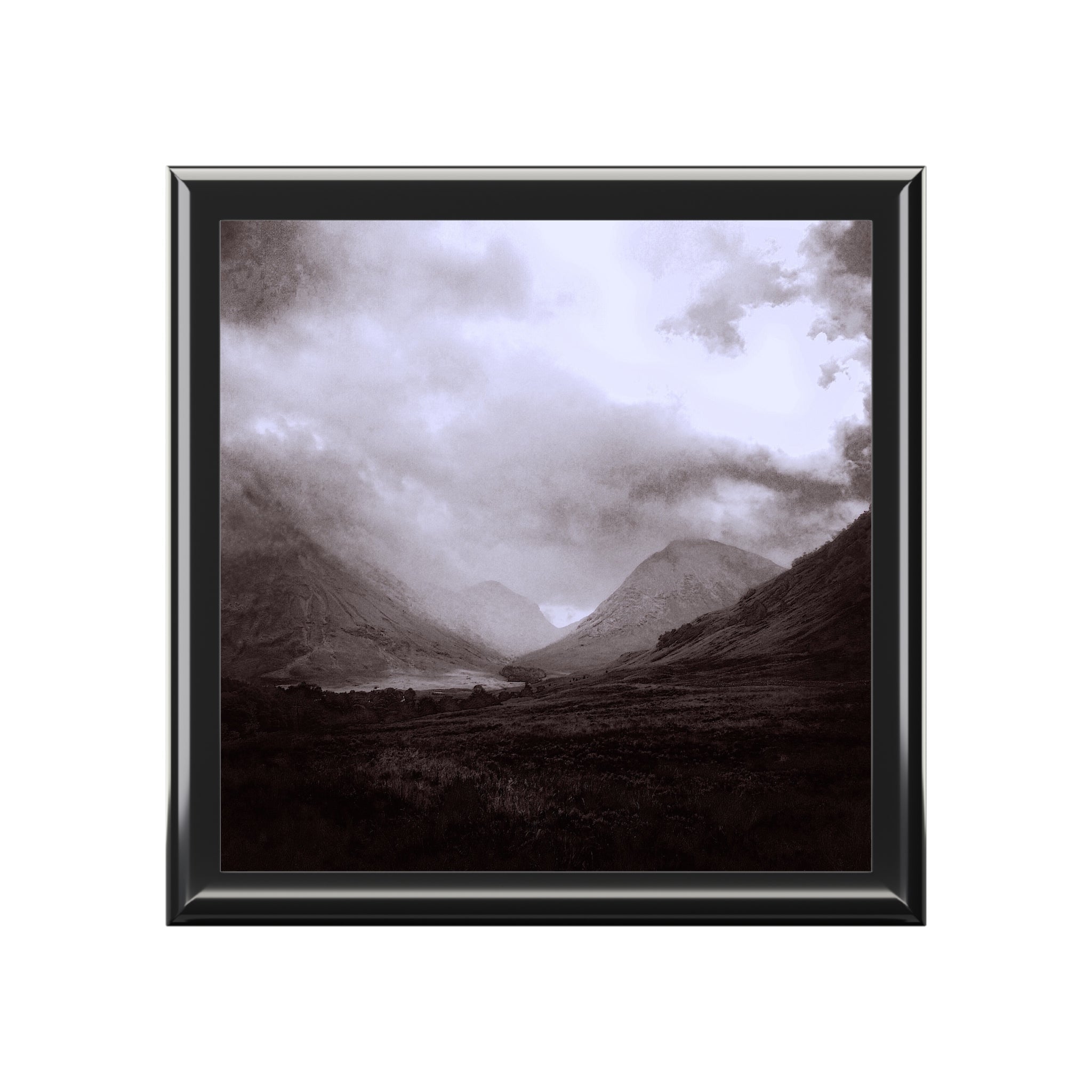 Framed landscape painting of moody mountainous valley with water for Glencoe Mist Jewellery Box