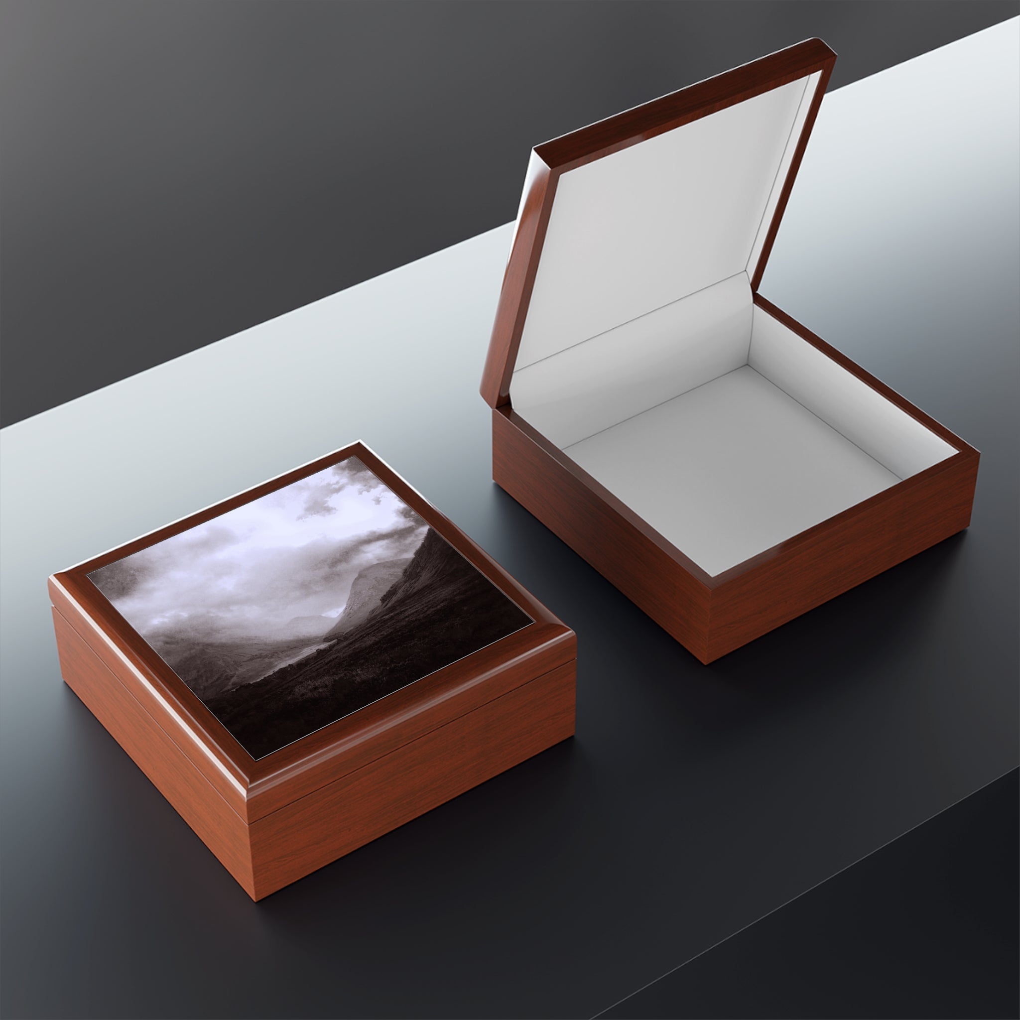 Two wooden jewellery boxes with scenic Scotland landscape on lid, one open and one closed