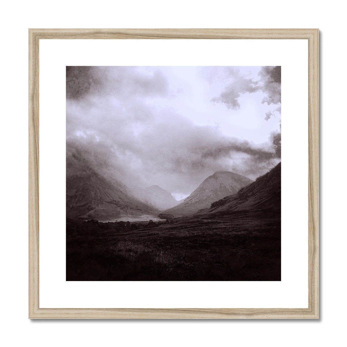Glencoe Mist Painting | Framed & Mounted Prints From Scotland-Framed & Mounted Prints-Glencoe Art Gallery-20"x20"-Natural Frame-Paintings, Prints, Homeware, Art Gifts From Scotland By Scottish Artist Kevin Hunter