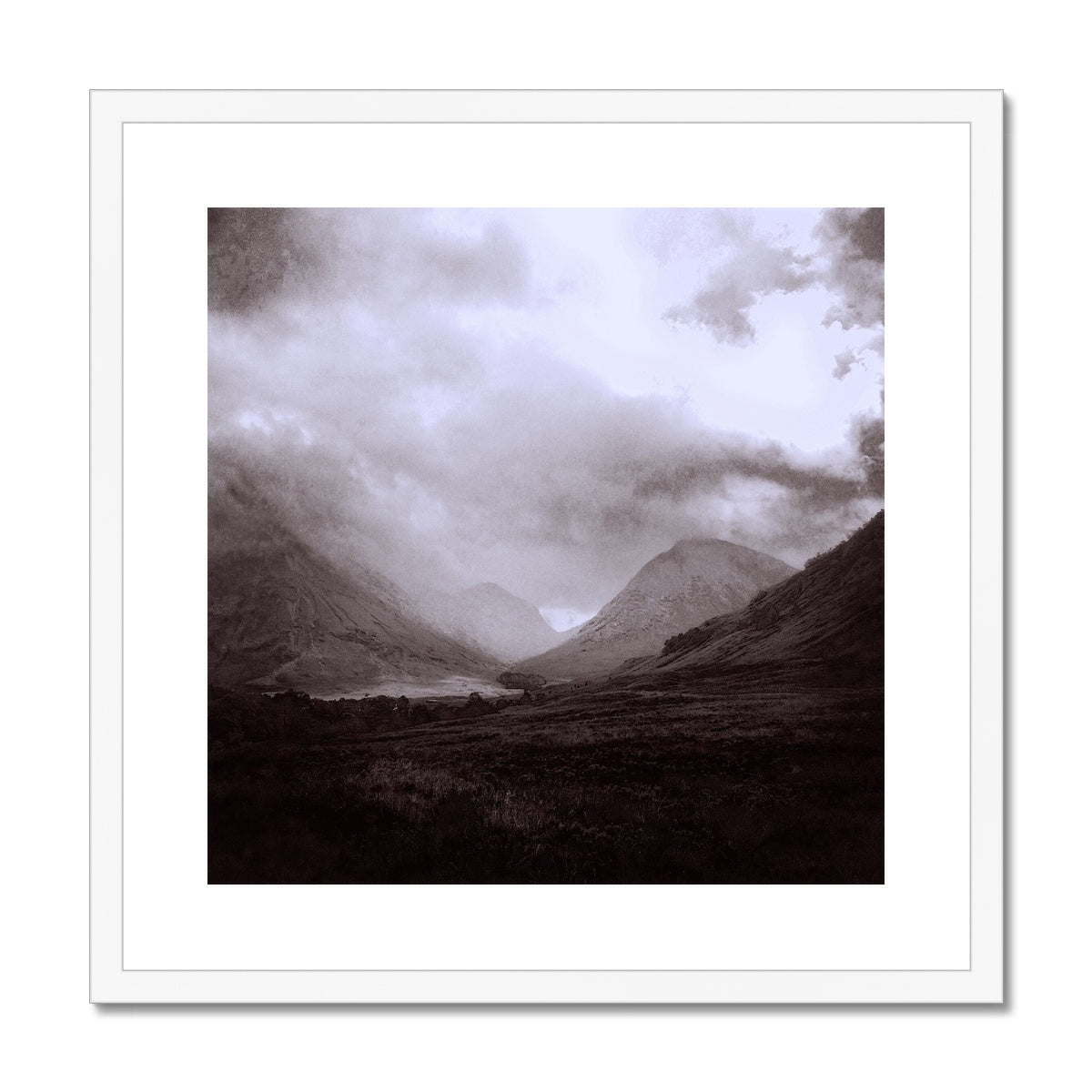 Glencoe Mist Painting | Framed & Mounted Prints From Scotland-Framed & Mounted Prints-Glencoe Art Gallery-20"x20"-White Frame-Paintings, Prints, Homeware, Art Gifts From Scotland By Scottish Artist Kevin Hunter