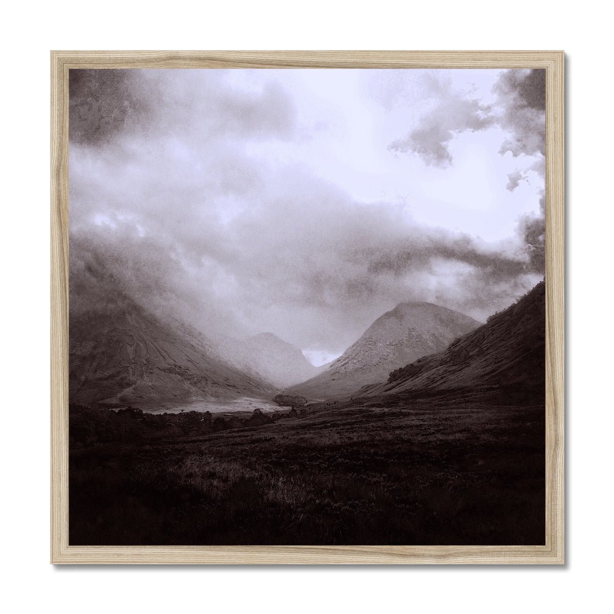 Glencoe Mist Painting | Framed Prints From Scotland-Framed Prints-Glencoe Art Gallery-20"x20"-Natural Frame-Paintings, Prints, Homeware, Art Gifts From Scotland By Scottish Artist Kevin Hunter