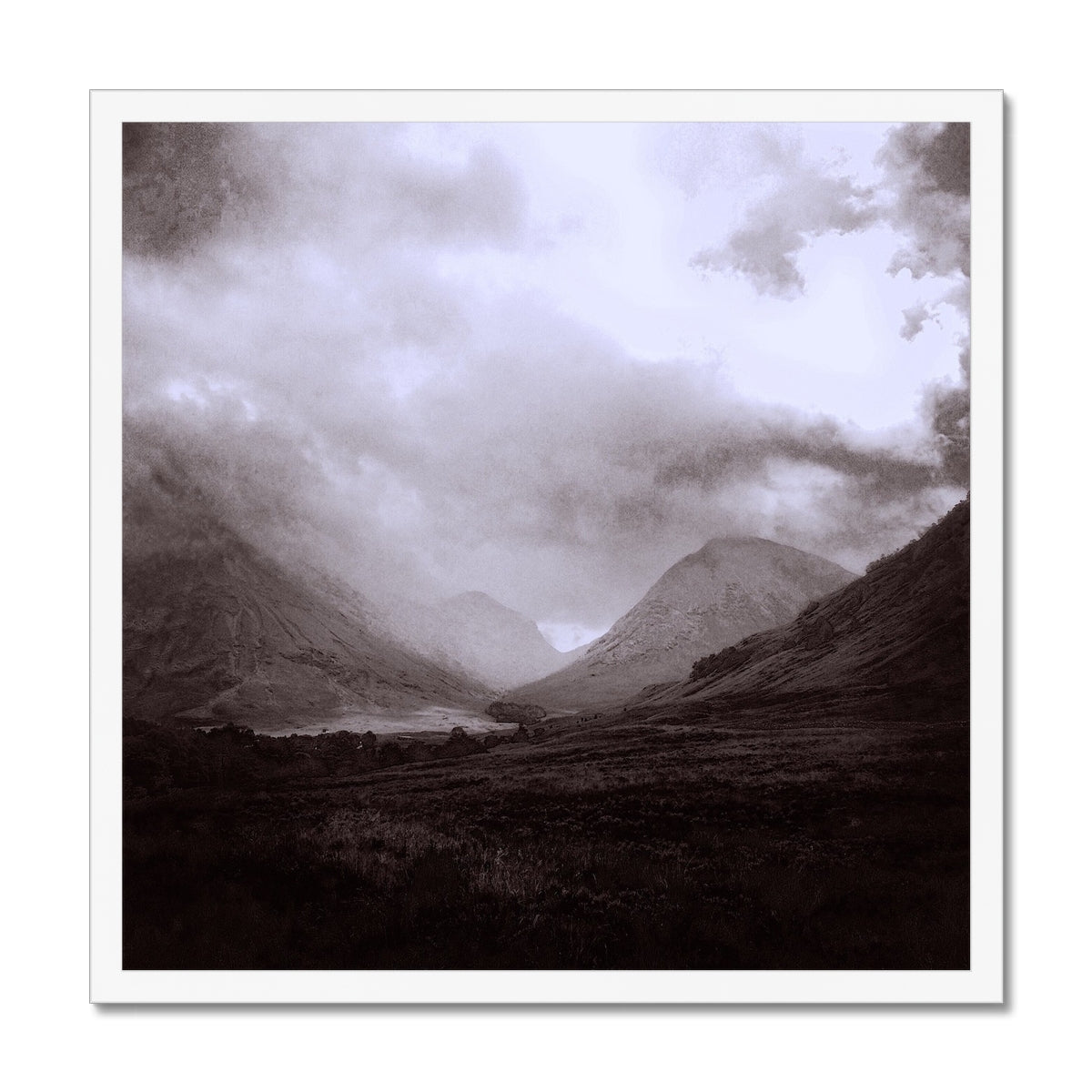 Glencoe Mist Painting | Framed Prints From Scotland-Framed Prints-Glencoe Art Gallery-20"x20"-White Frame-Paintings, Prints, Homeware, Art Gifts From Scotland By Scottish Artist Kevin Hunter