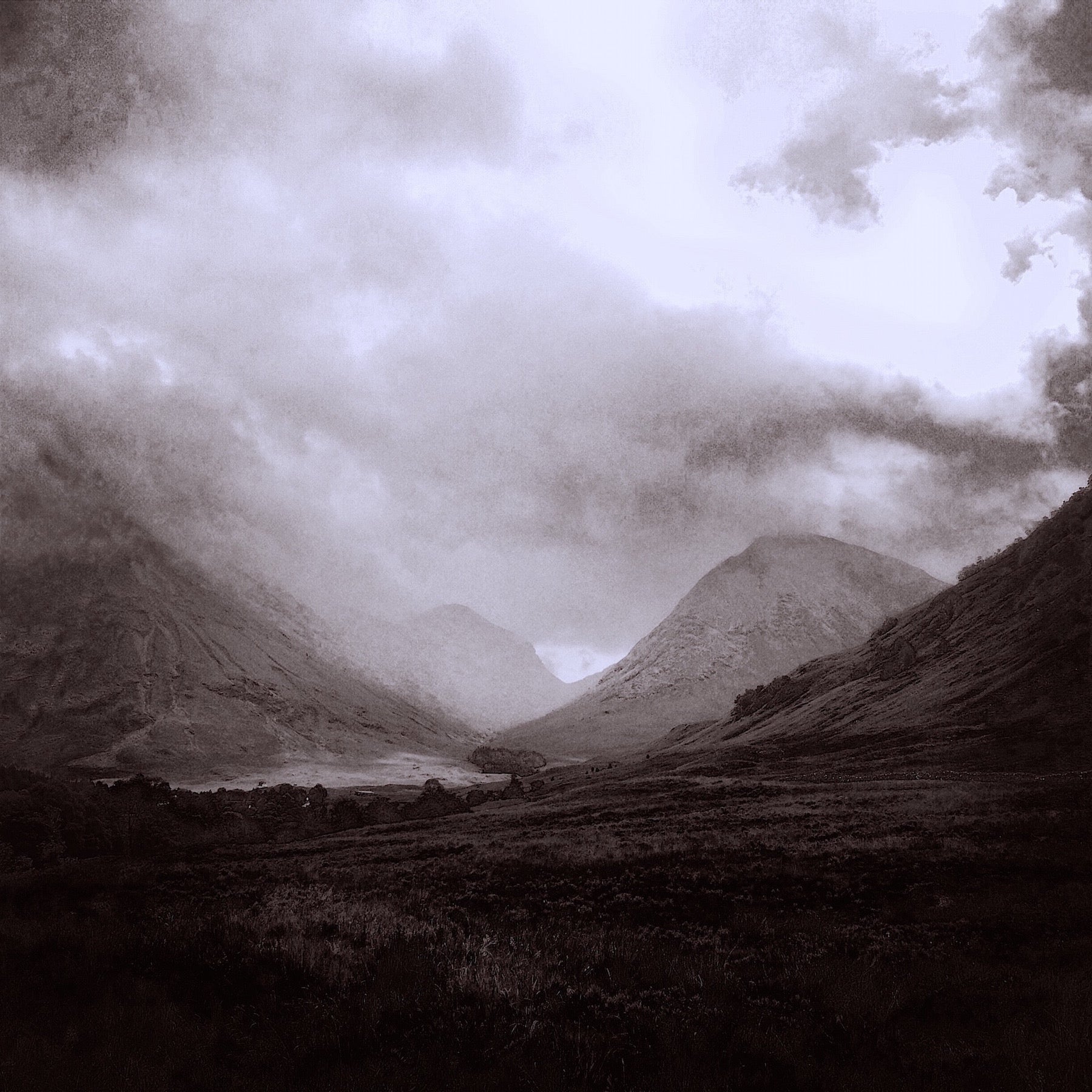 Monochrome landscape of misty mountains from Glencoe Mist Scotland In Your Pocket product