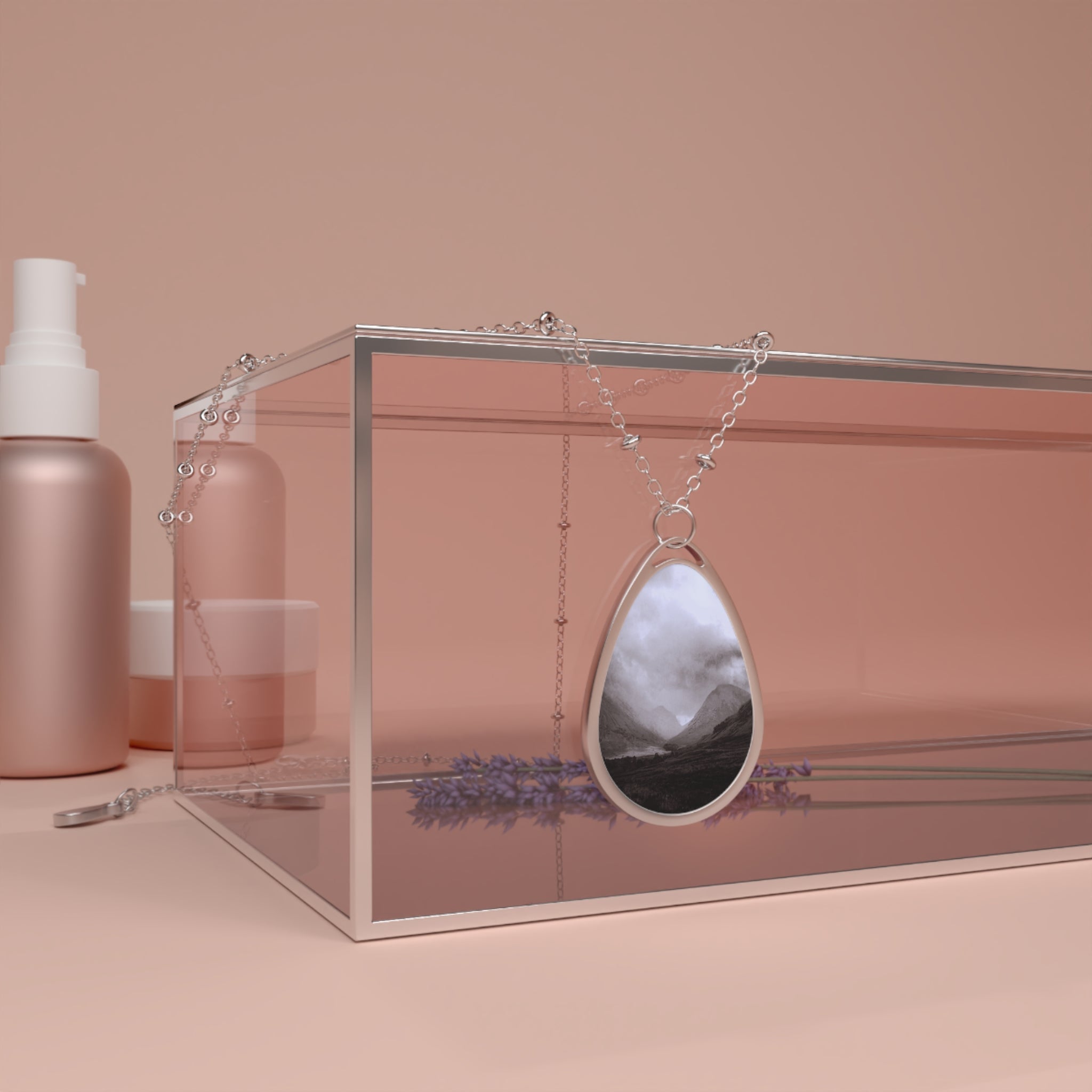 Silver chain necklace with teardrop pendant showcasing a black and white Scottish landscape