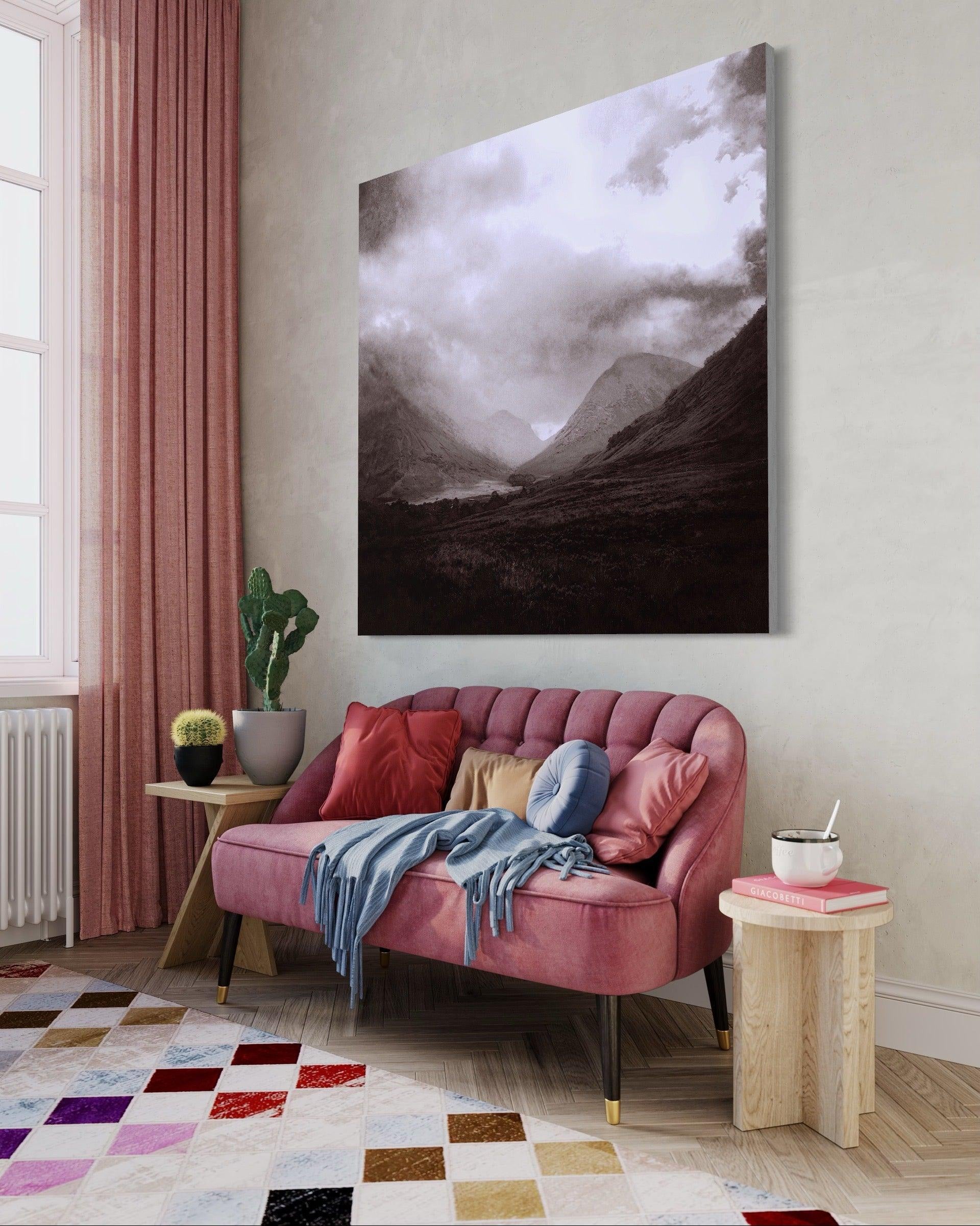 Pink velvet tufted loveseat with dark legs and gold tips from Glencoe Mist interior art collection