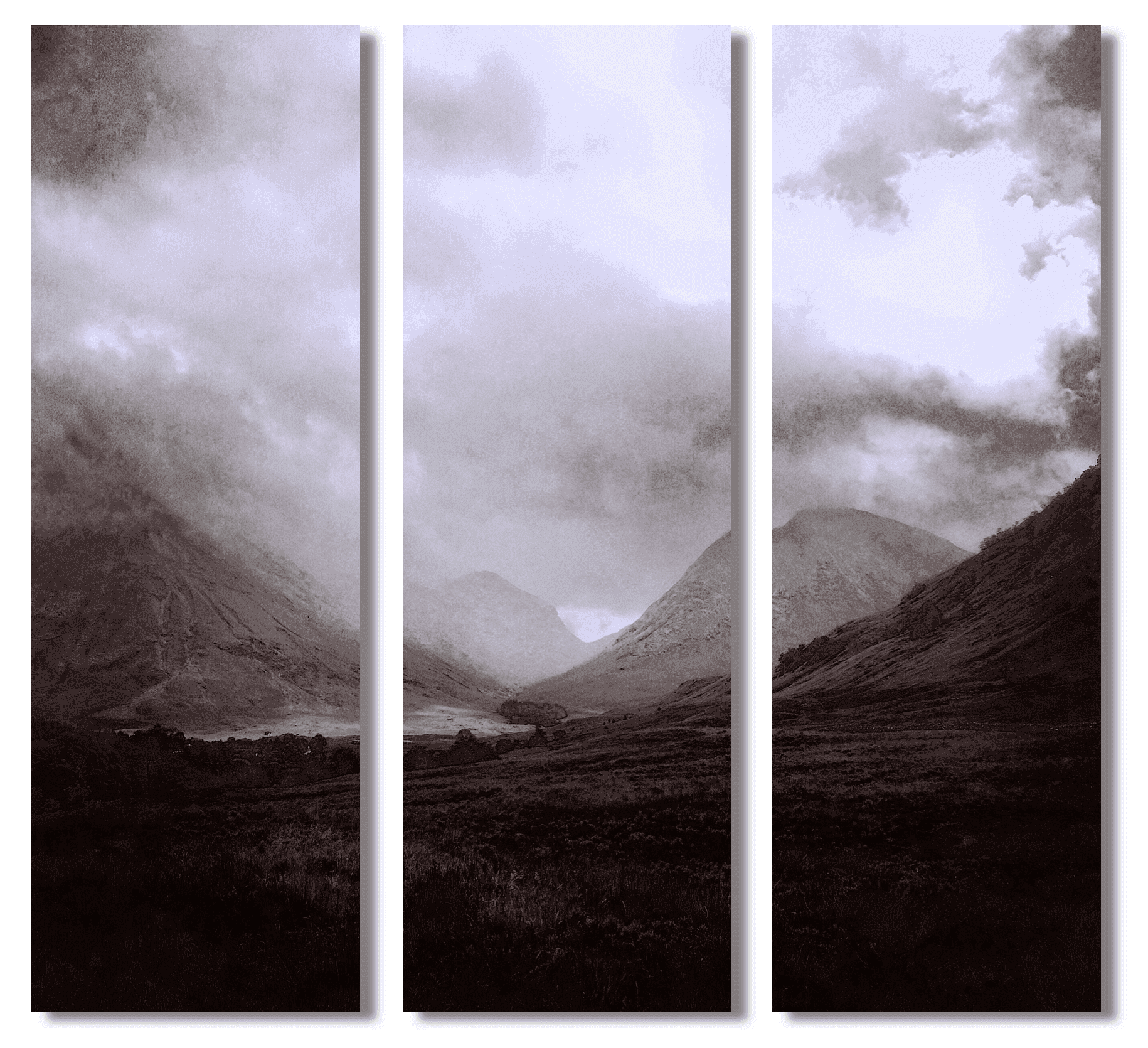 Monochrome mountain triptych artwork from Glencoe Mist Triptych Scotland for wall decor