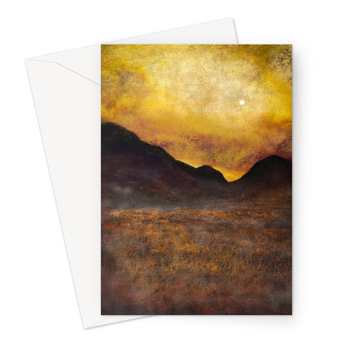 Glencoe Moonlight Art Gifts Greeting Card-Greetings Cards-Glencoe Art Gallery-A5 Portrait-1 Card-Paintings, Prints, Homeware, Art Gifts From Scotland By Scottish Artist Kevin Hunter