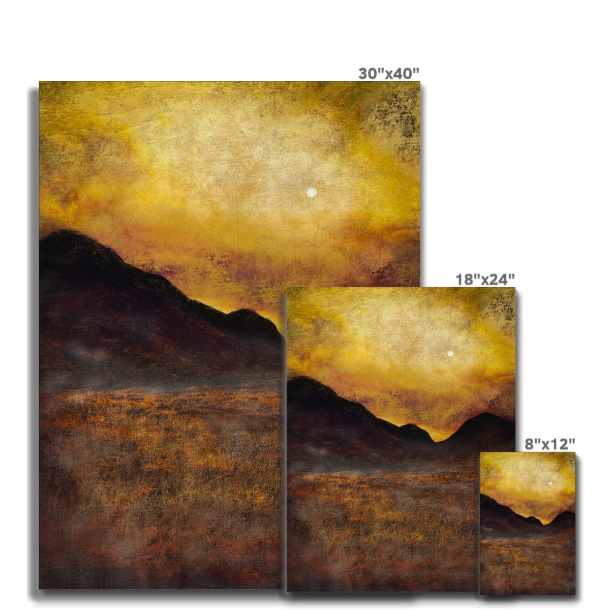 Three vertically oriented Glencoe Moonlight Canvas abstract landscape paintings displayed together