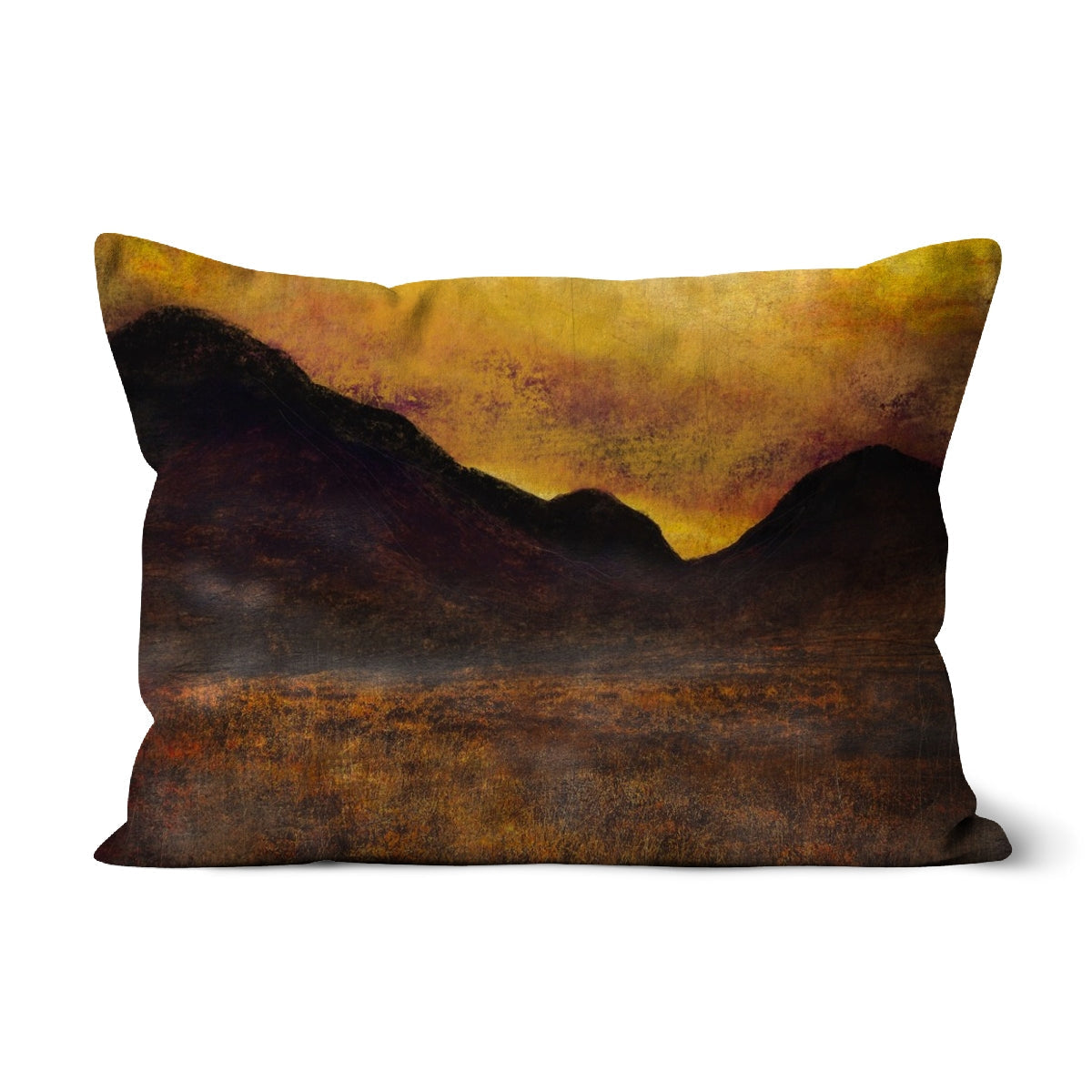 Yellow and brown Glencoe Moonlight fabric cushion with mountain design