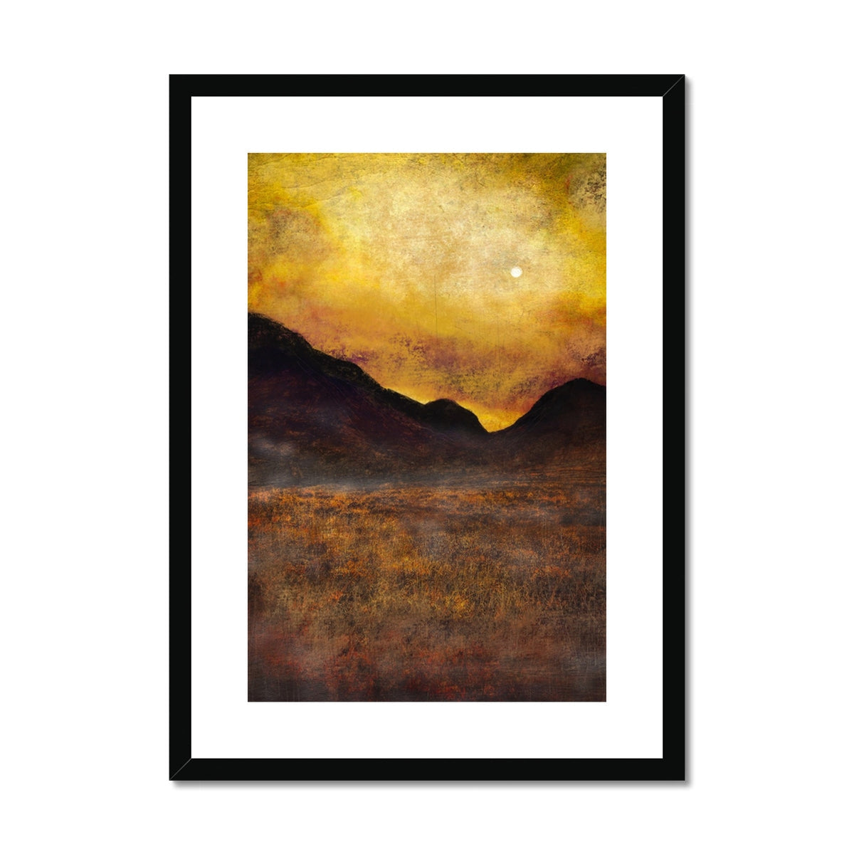 Framed Glencoe Moonlight print depicting fiery sunset over dark mountains and golden field