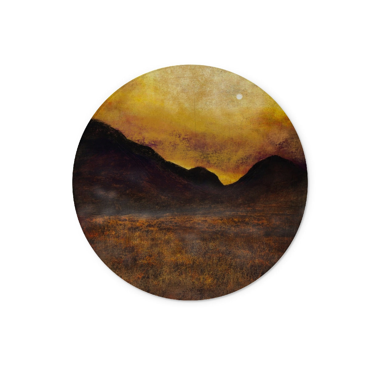 Round painting of a mountainous landscape at sunset on Glencoe Moonlight Glass Chopping Board