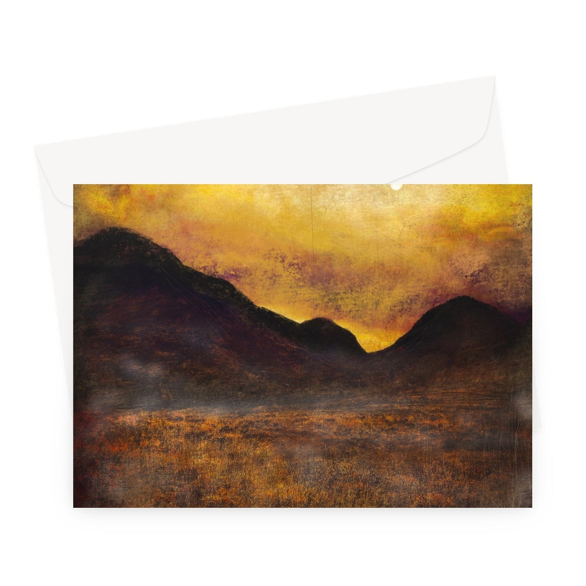 Glencoe Moonlight greeting card with yellow brown mountain landscape and envelope