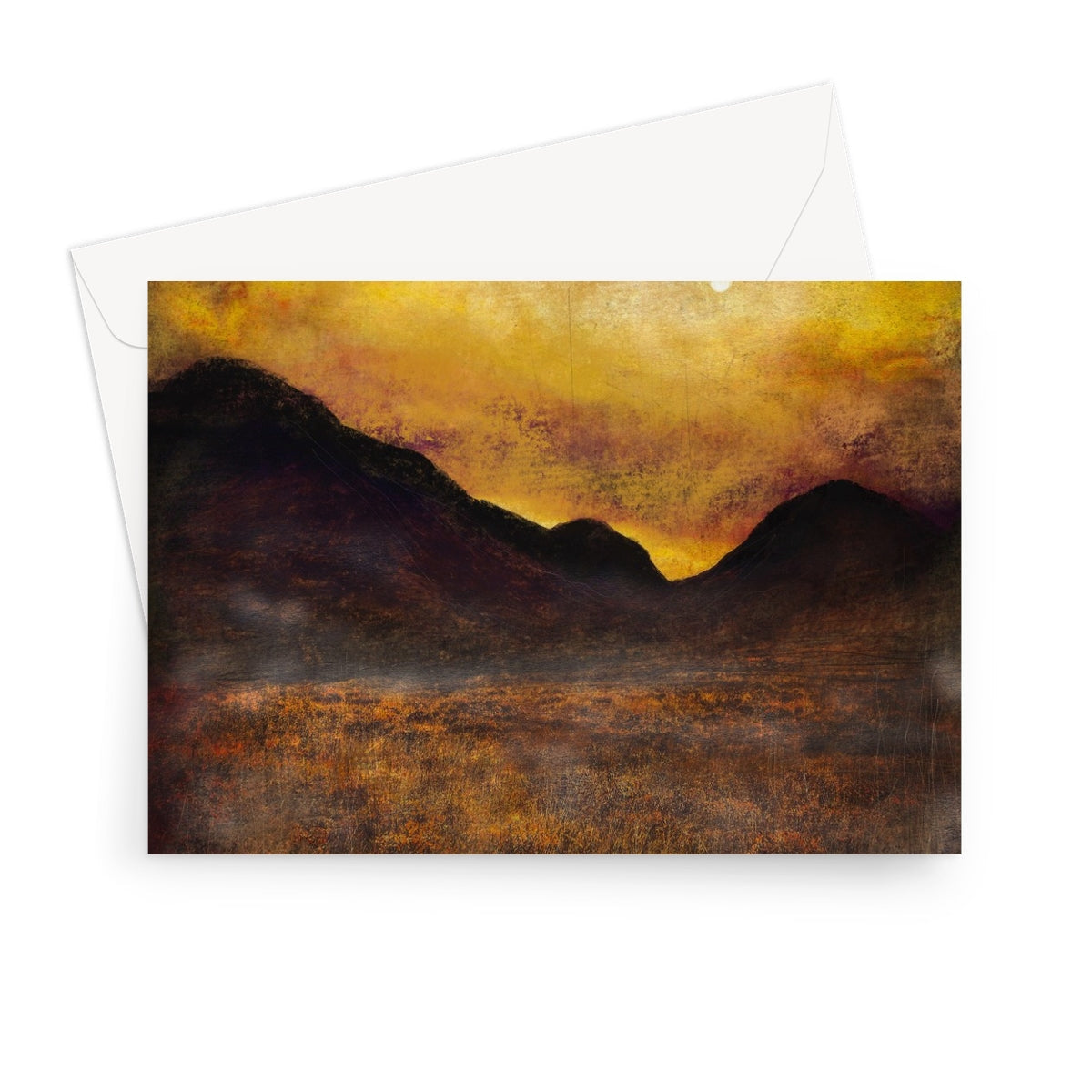 Glencoe Moonlight greeting card with yellow brown mountain landscape and envelope