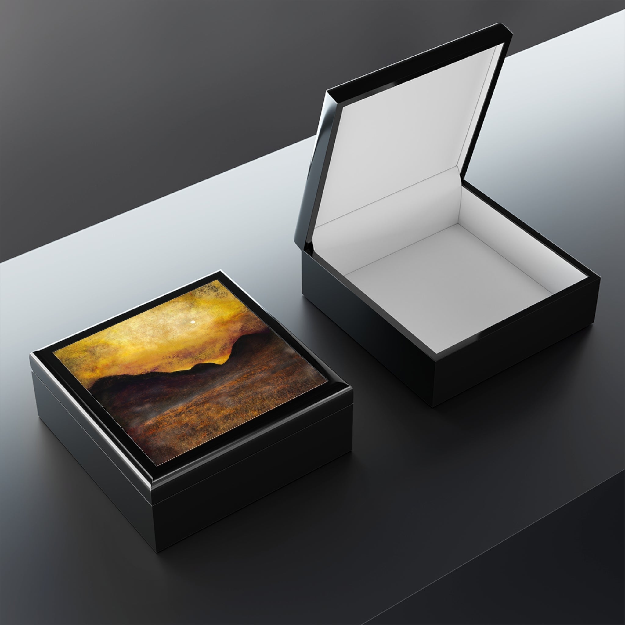 Dark wooden Glencoe Moonlight Jewellery Box with abstract Scotland landscape design