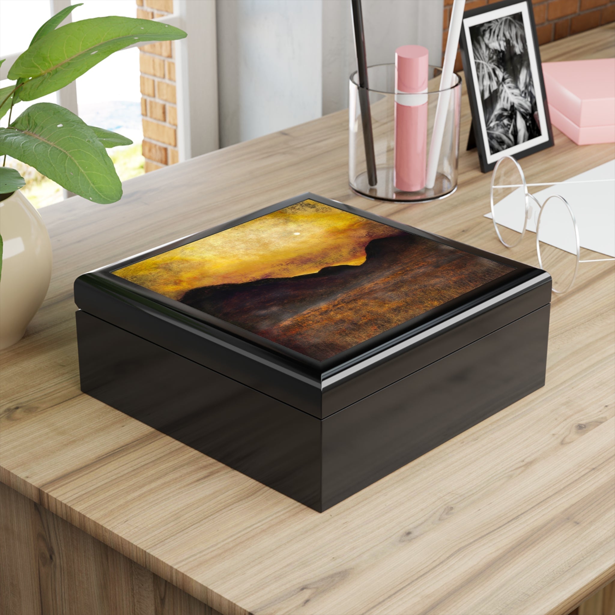 Glossy black wooden Glencoe Moonlight jewellery box with vibrant yellow and brown abstract art lid