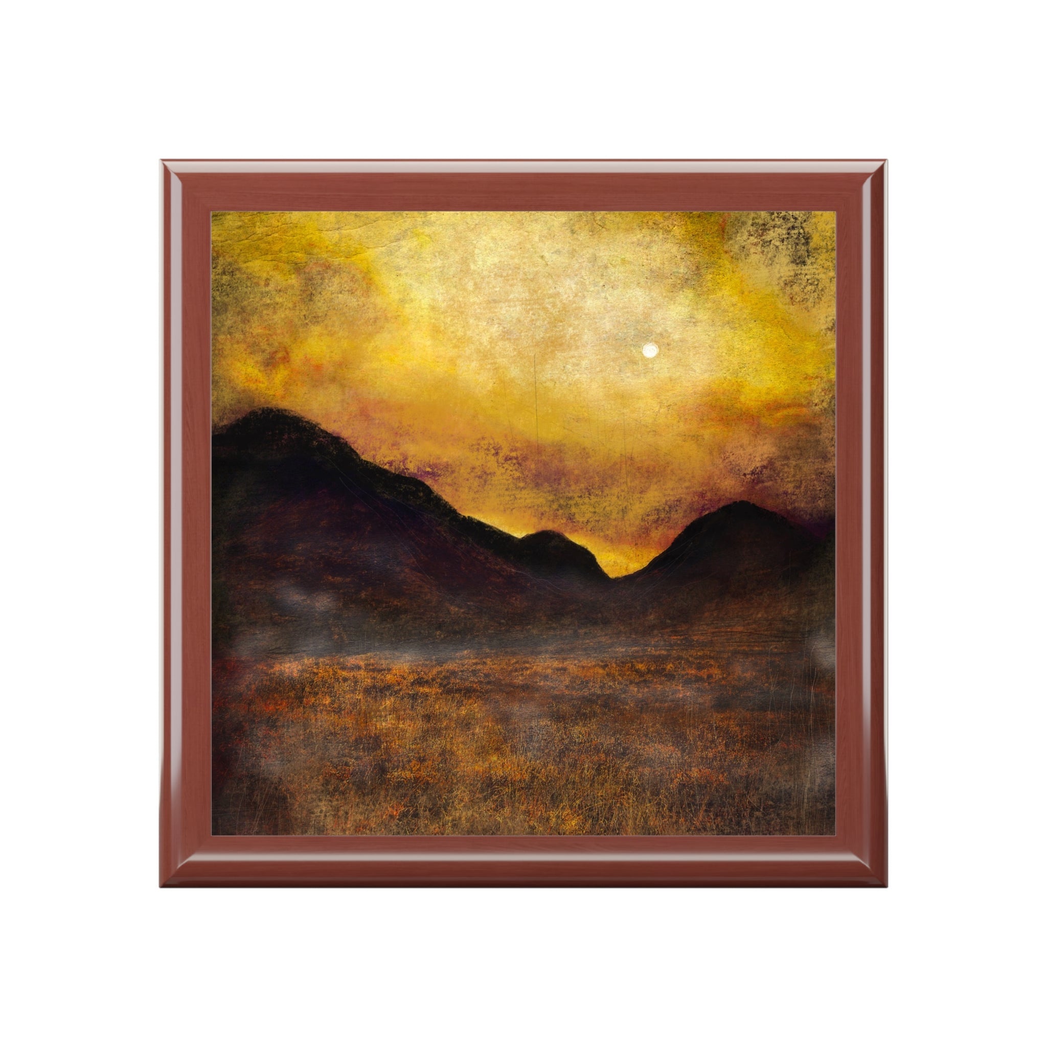 Framed painting of a fiery sunset over mountains and field on Glencoe Moonlight jewellery box