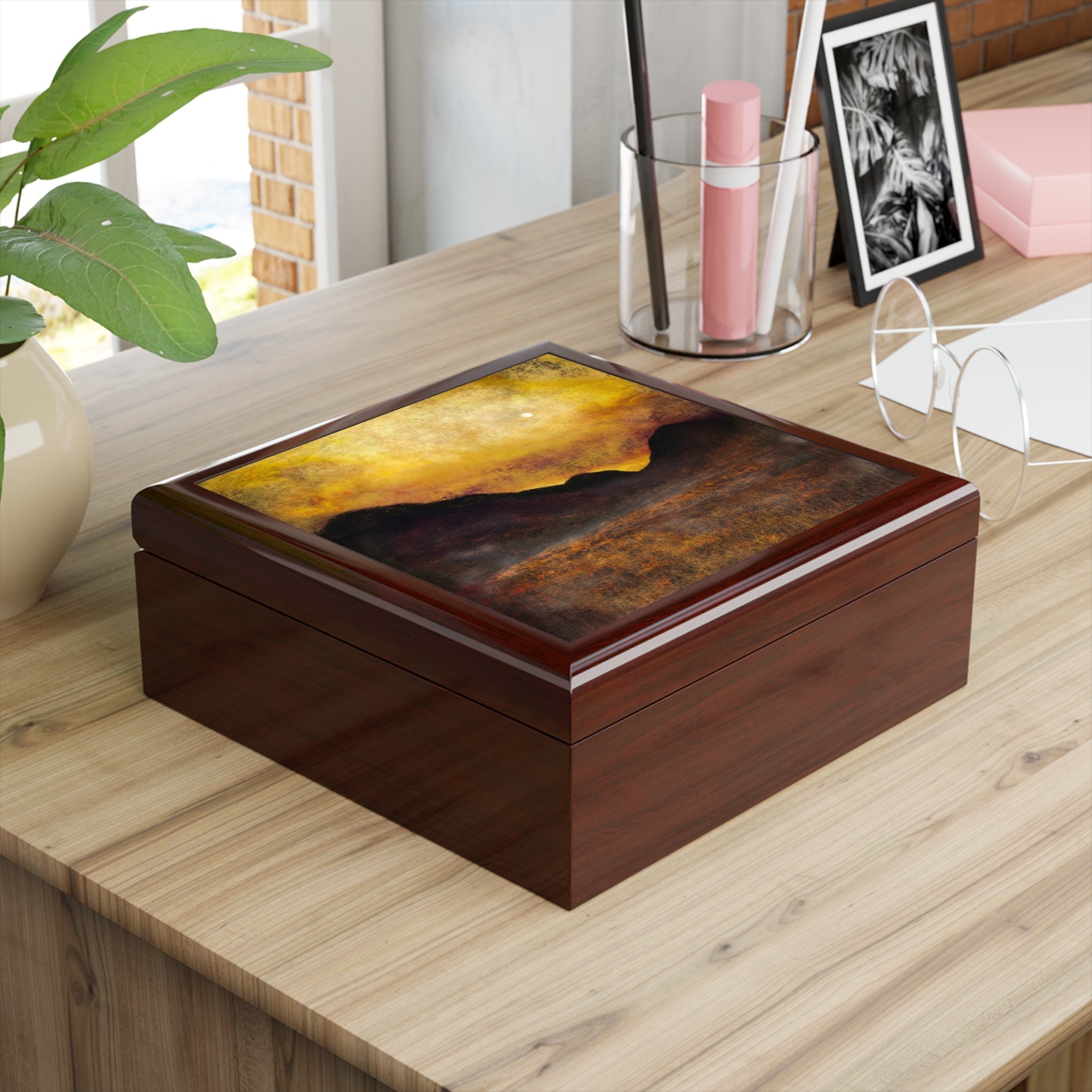 Glossy wooden Glencoe Moonlight Jewellery Box with golden and dark abstract design