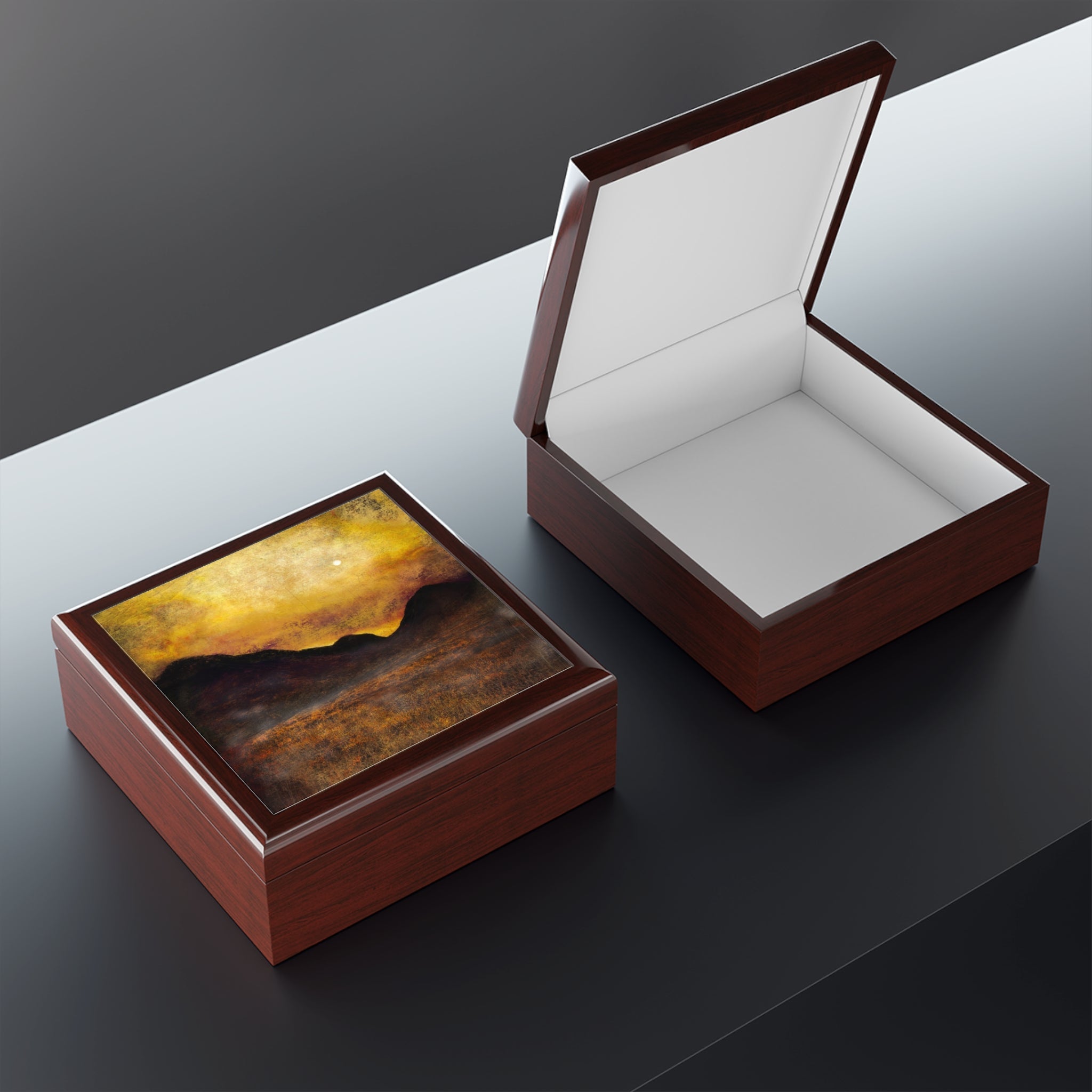 Two rectangular wooden keepsake boxes, one closed with abstract art top, one open showing white interior, Glencoe Moonlight Jewellery Box Scotland
