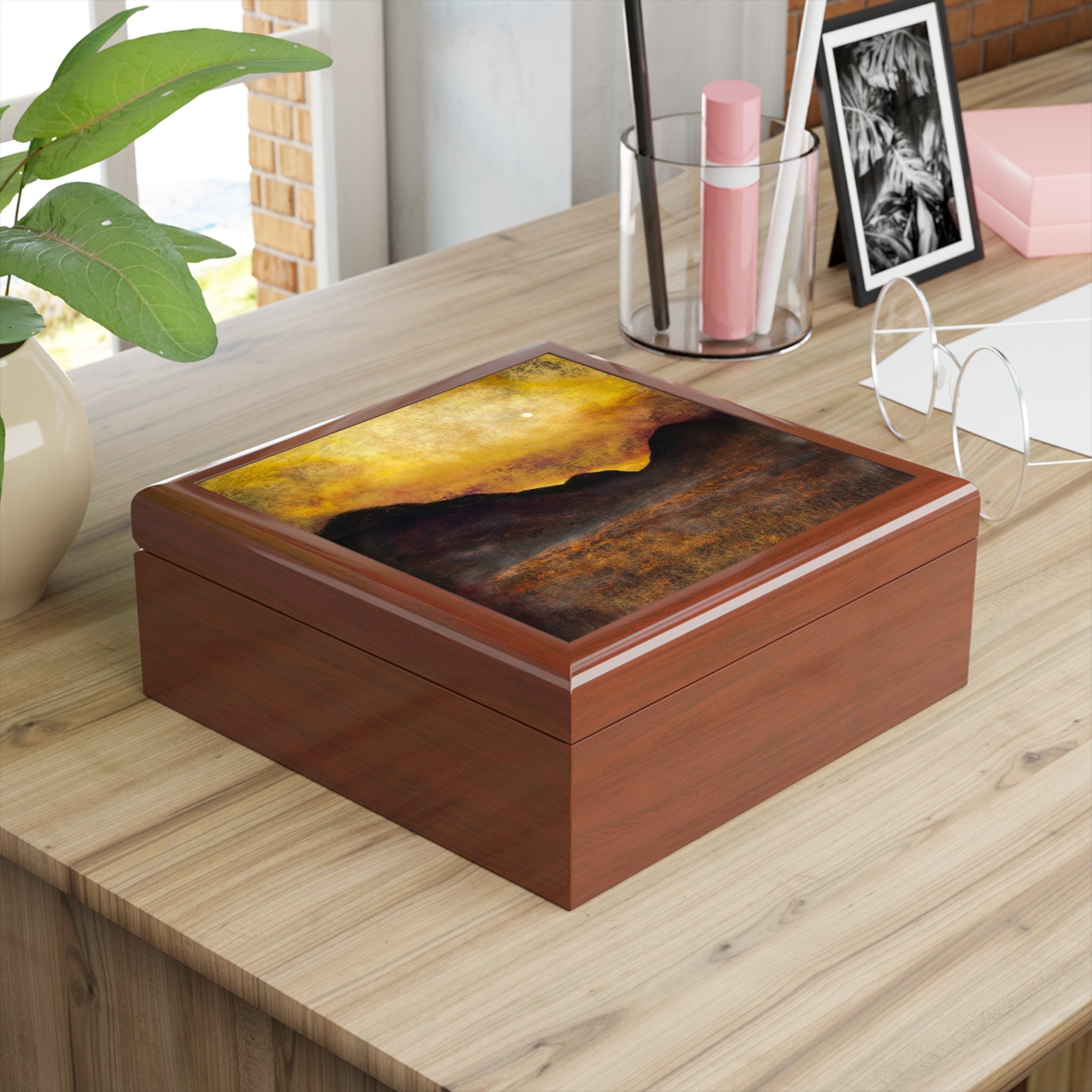 Rectangular wooden Glencoe Moonlight Jewellery Box with vibrant yellow orange and brown abstract lid