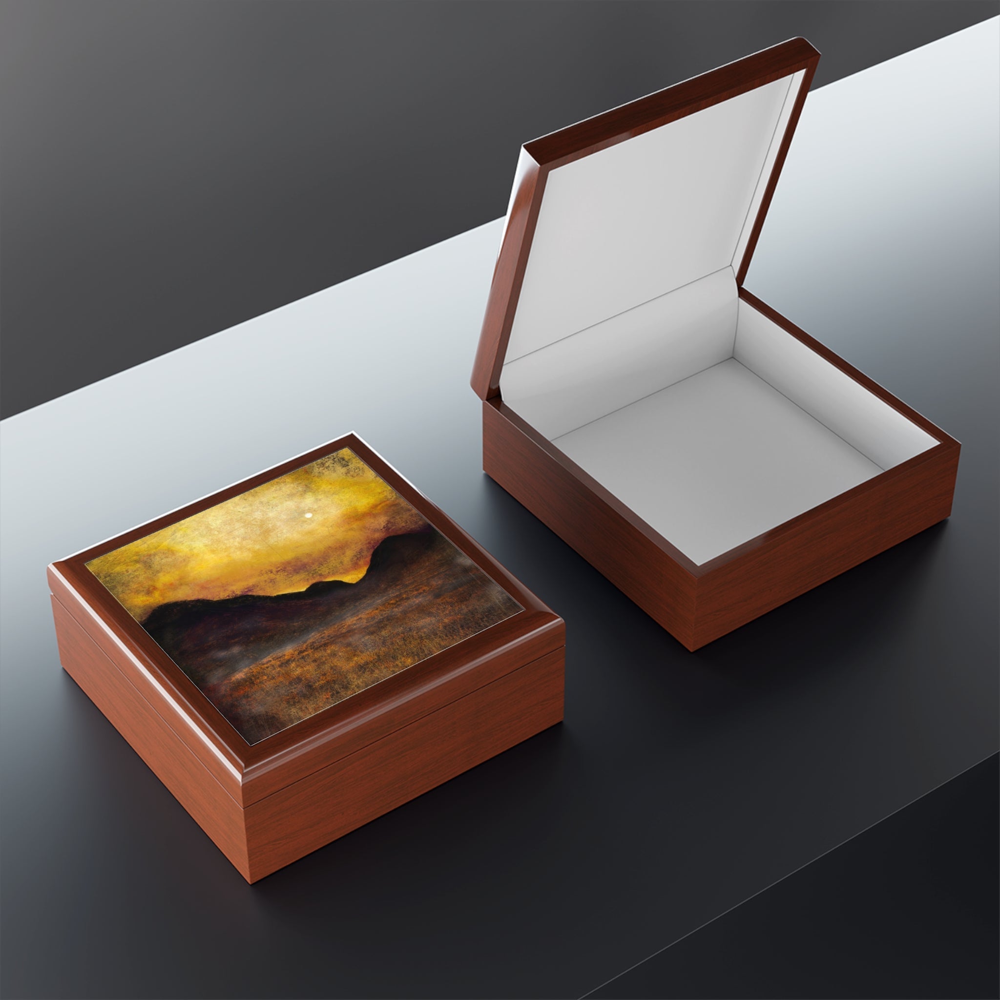 Glencoe Moonlight Jewellery Box with abstract art lid and white interior lining