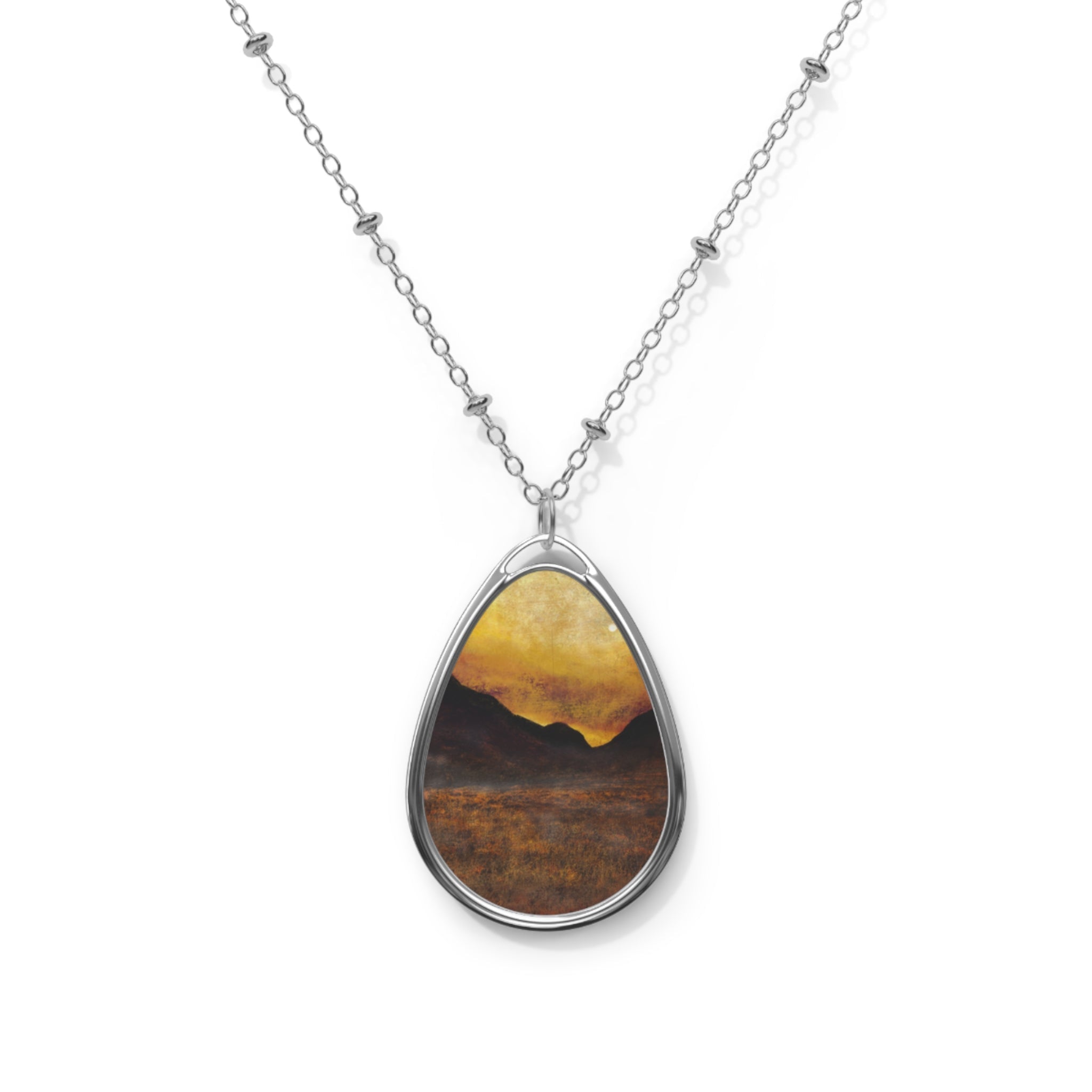 Silver chain necklace with teardrop pendant showcasing a Scottish landscape painting