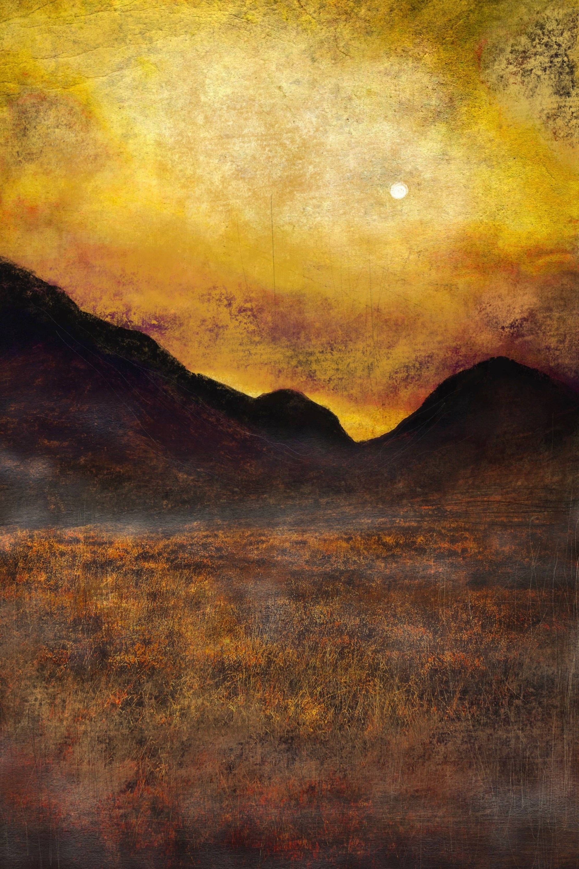 Vibrant textured painting of a Scottish mountain landscape under a golden cloudy sky with bright moon