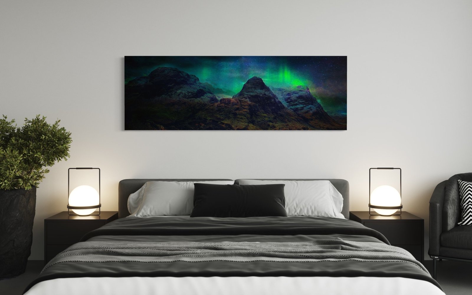 Glencoe Northern Lights Panoramic 72x24 inch Stretched Canvas Statement Wall Art-Statement Wall Art-Glencoe Art Gallery-Paintings, Prints, Homeware, Art Gifts From Scotland By Scottish Artist Kevin Hunter