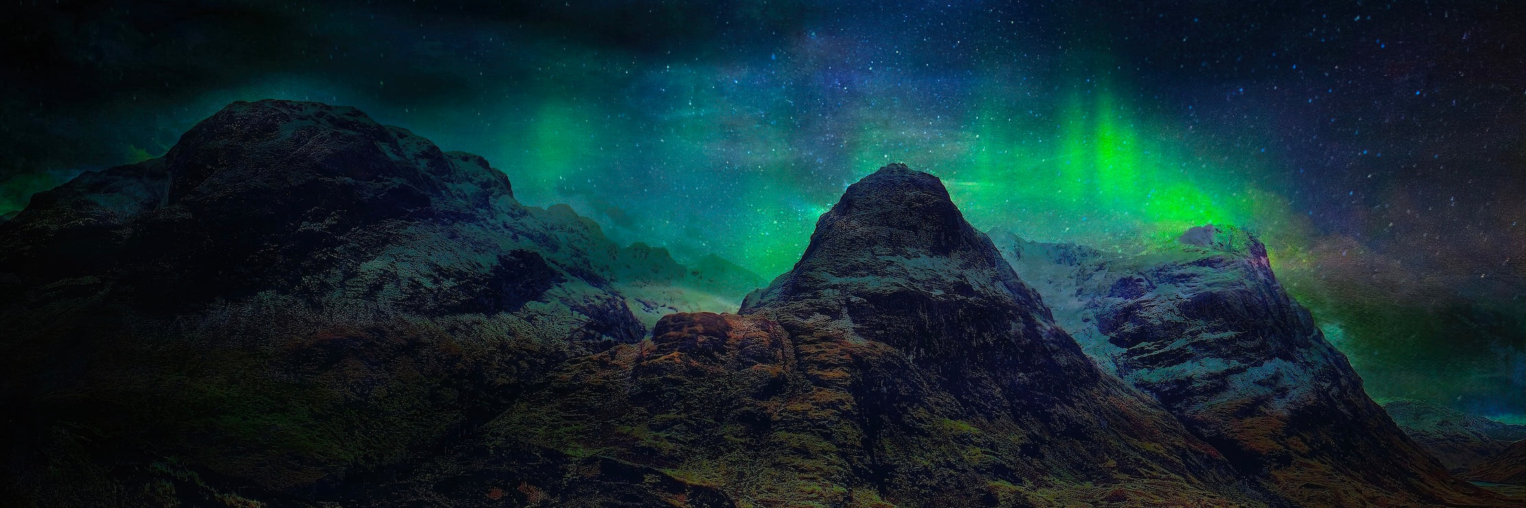 Majestic mountain range under vibrant Aurora Borealis in Glencoe Northern Lights Panoramic Prints